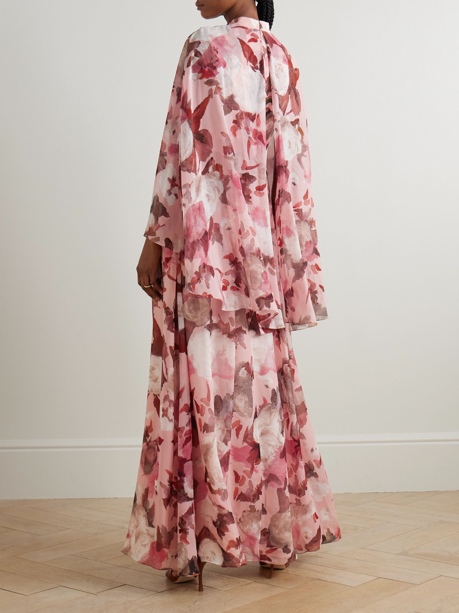 Cape-effect floral-print silk-voile gown Pink - 3