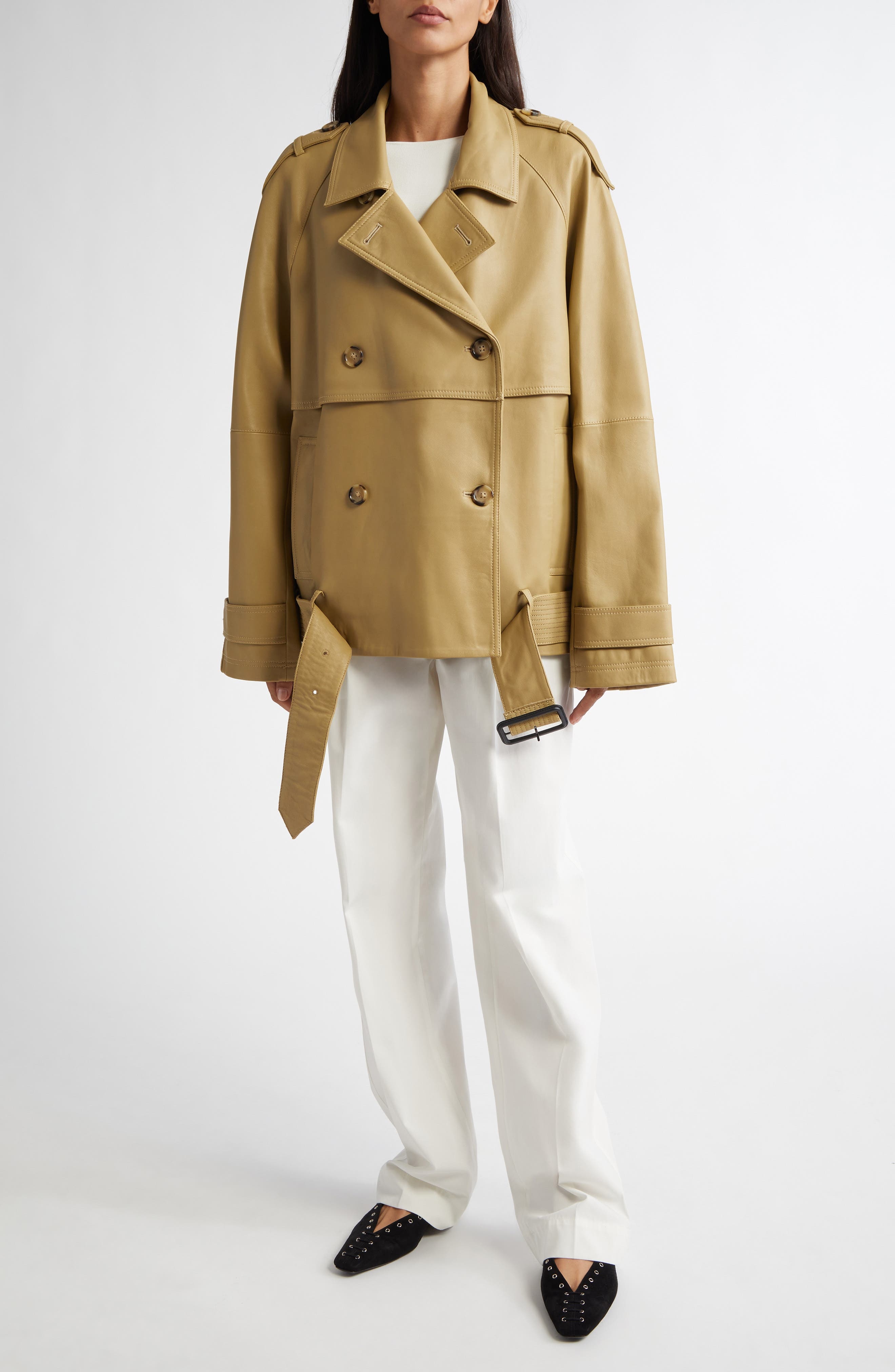 TOTEME Leather Crop Trench Coat in Desert at Nordstrom - 6