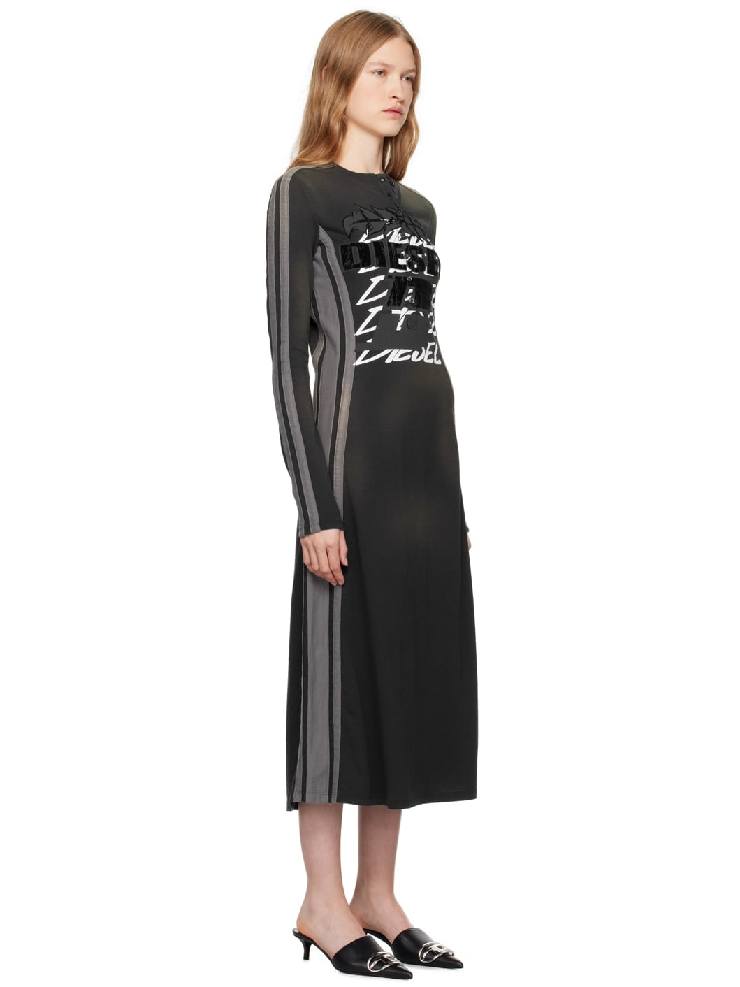 Black & Gray D-Uncut Stripe Midi Dress - 2