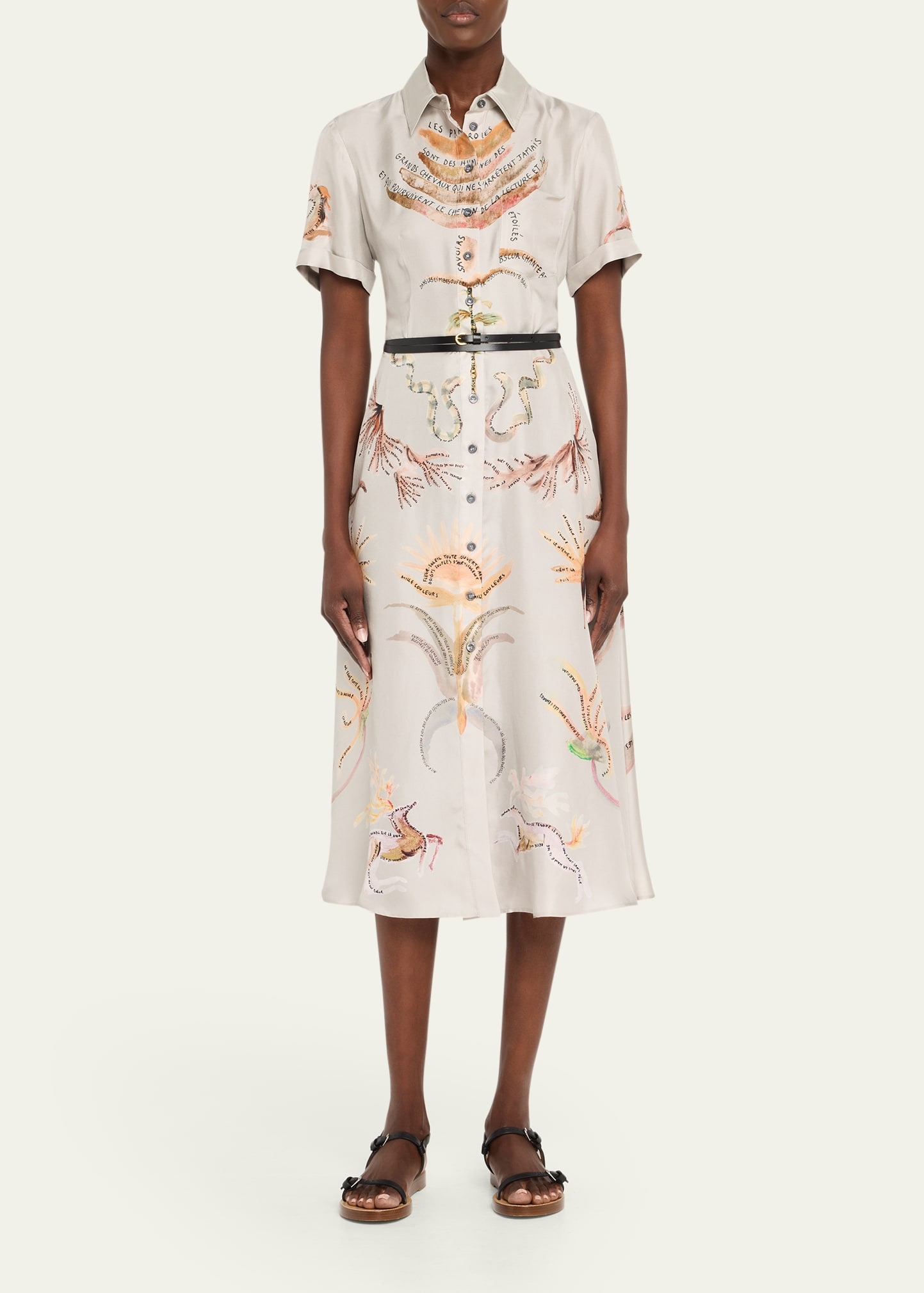 Kiera Printed Short-Sleeve Silk Midi Shirtdress - 2