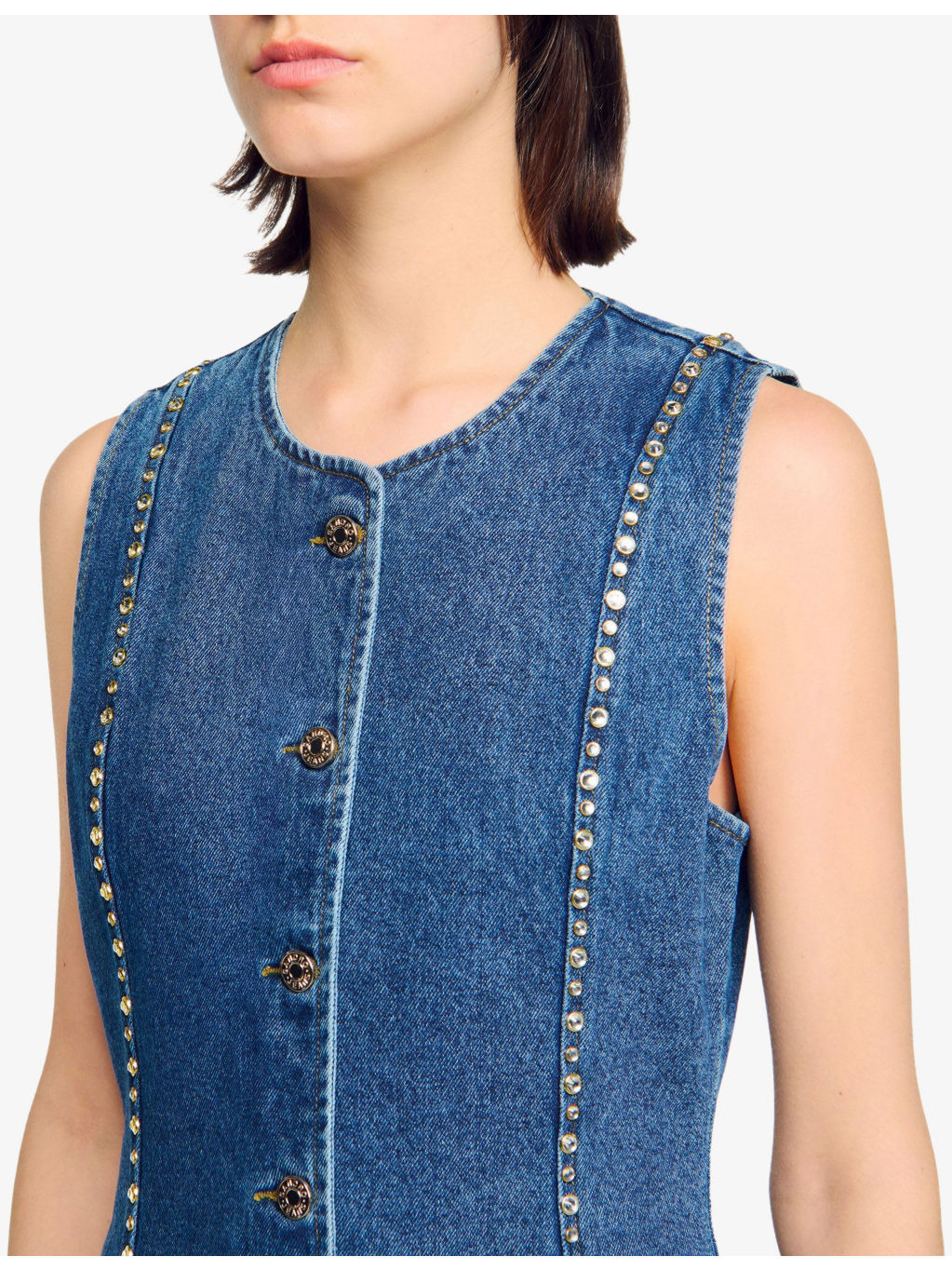 Rhinestone-Embellished Sleeveless Denim Top - 5