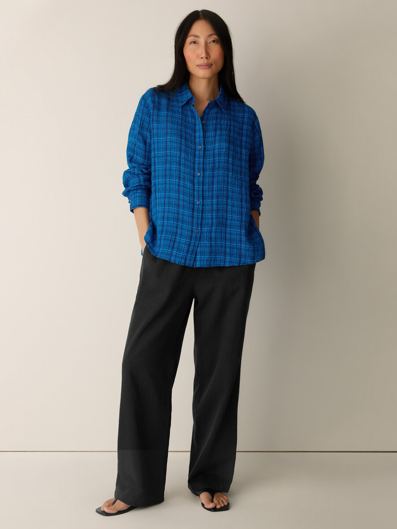 Puckered Organic Linen Plaid Classic Collar Shirt 3