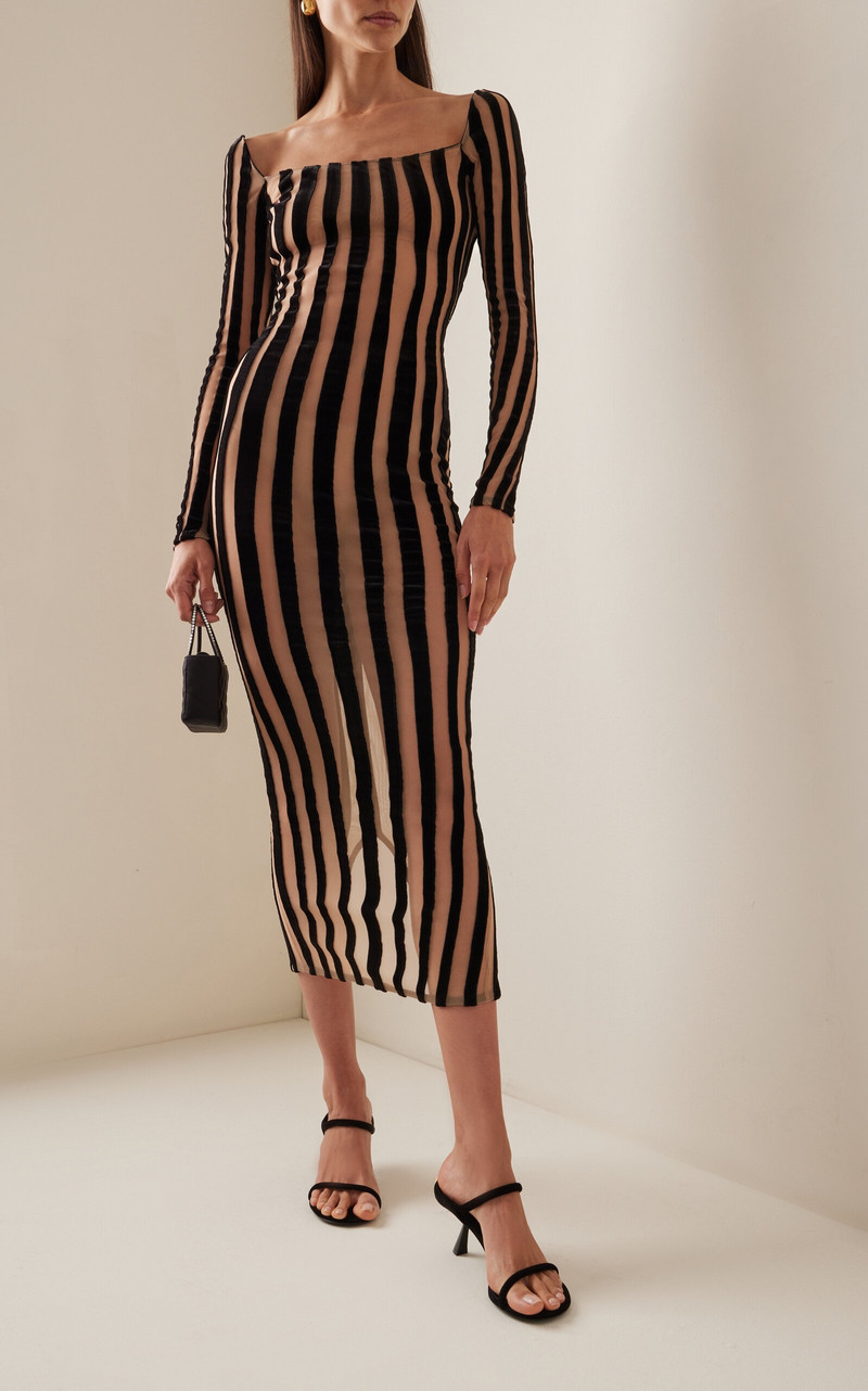 LaQuan Smith Striped Velvet Midi Dress black outlook