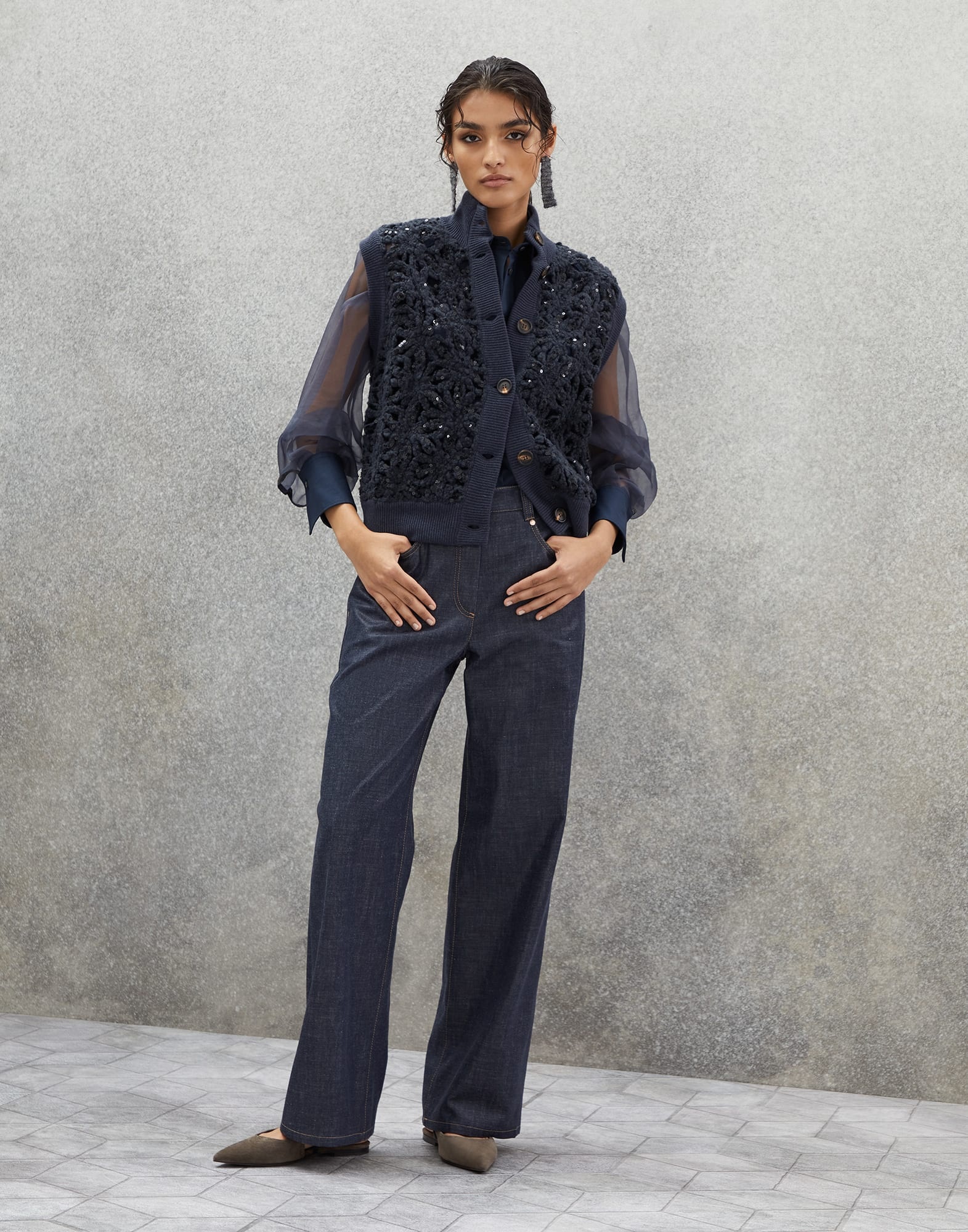 Lightweight wet-effect denim loose five-pocket trousers with shiny bartack - 4