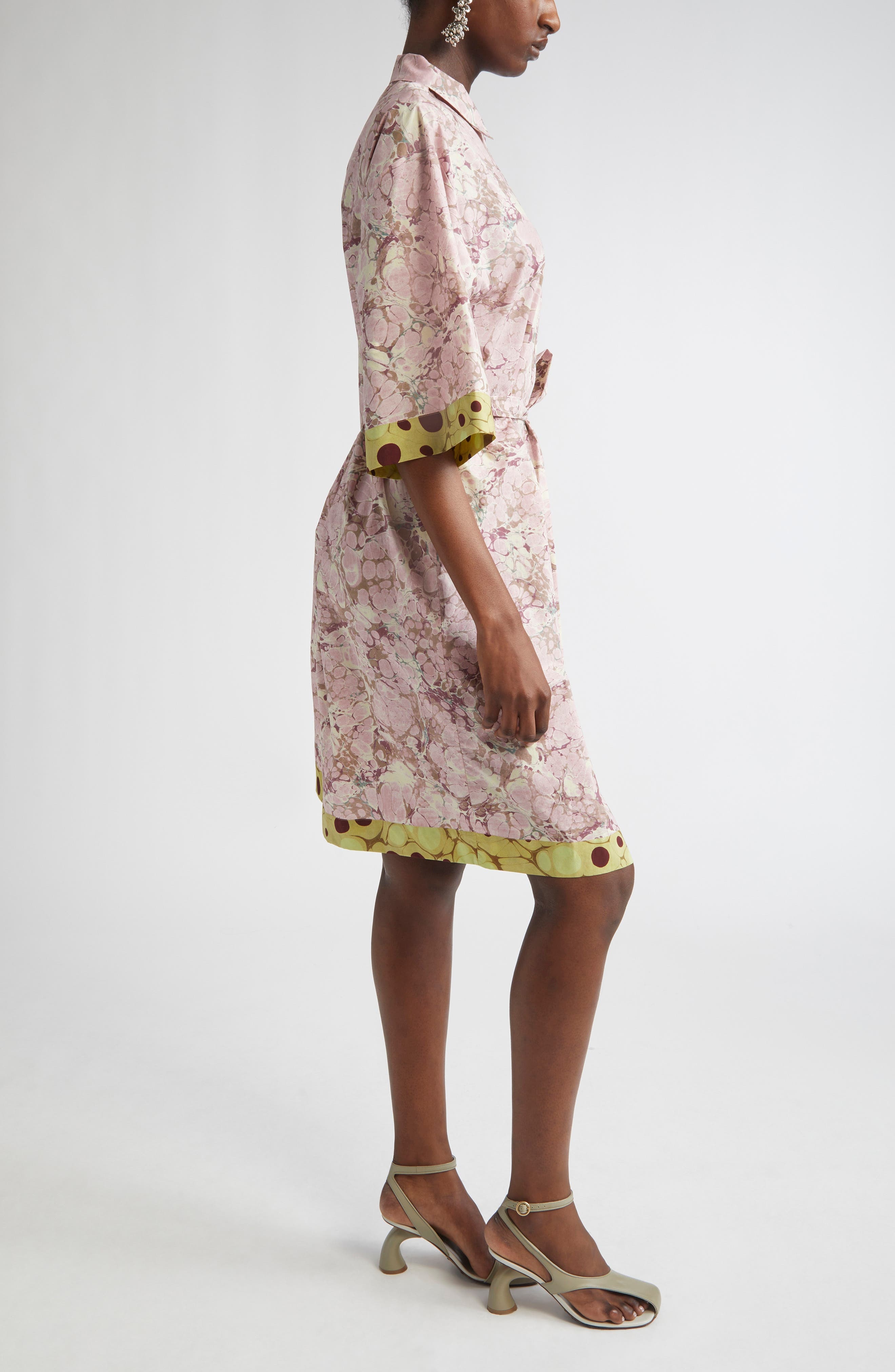Dries Van Noten Doralia Mixed Print Belted Cotton Poplin Shirtdress in Blush at Nordstrom - 3
