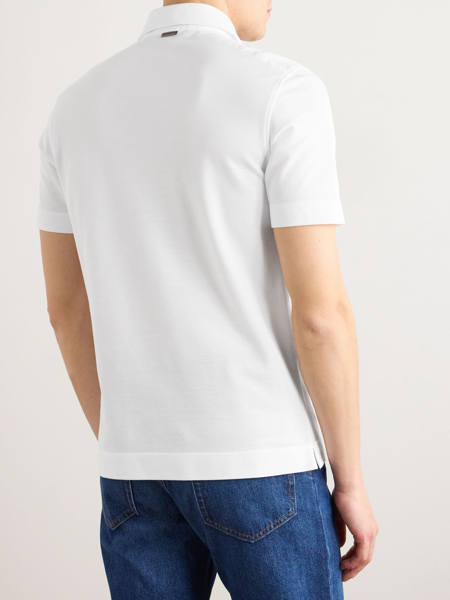 Leather-Trimmed Cotton-Piqué Polo Shirt White - 4