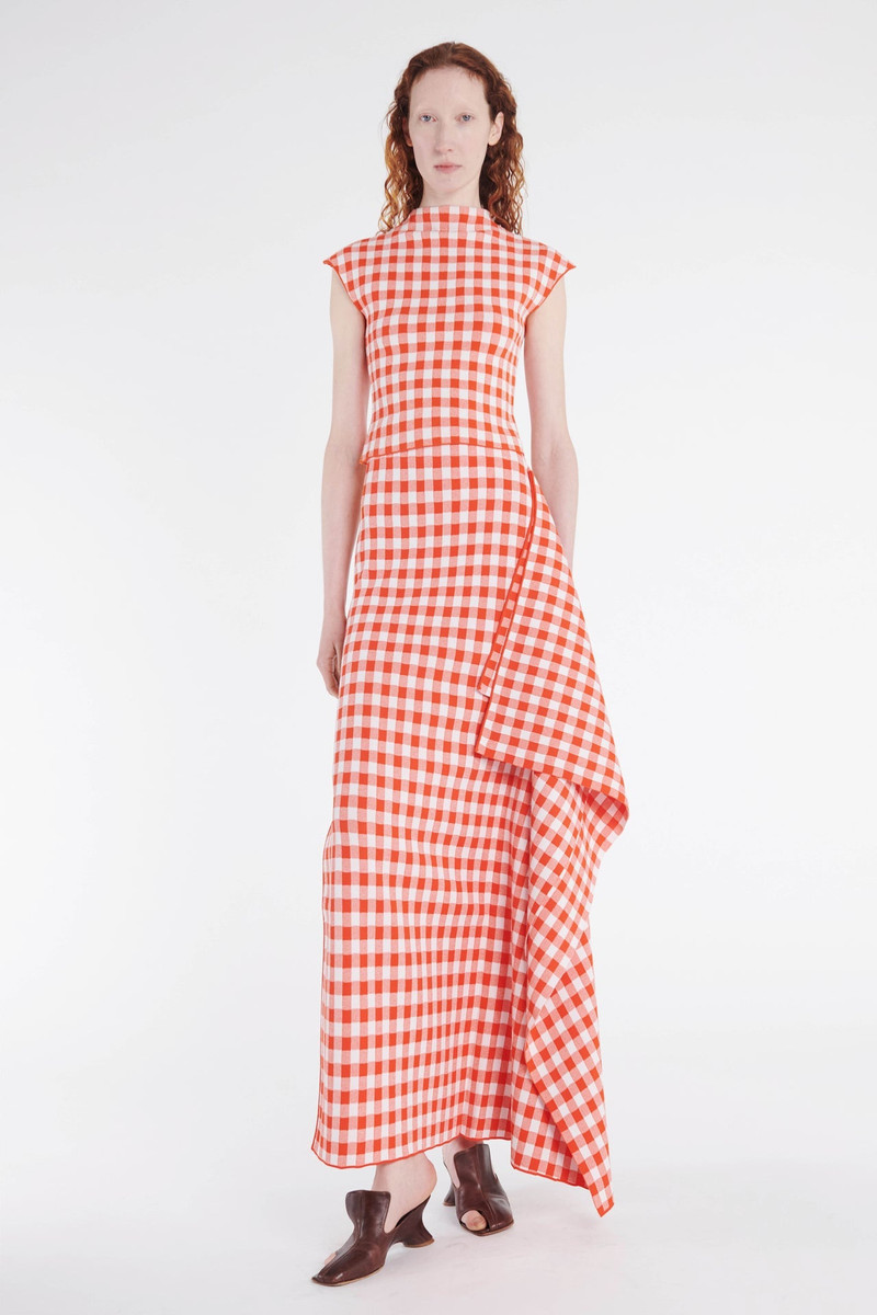 KNITTED FITTED MAXI SKIRT WITH SIDE PANEL RED WHITE GINGHAM 5