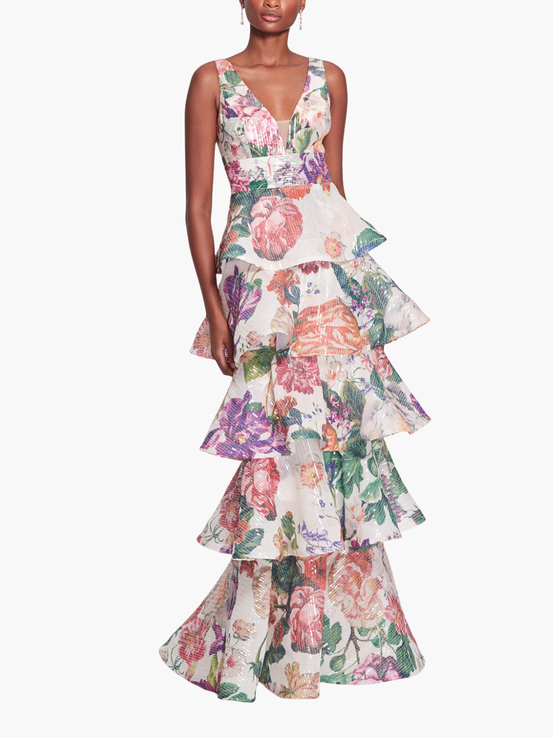 PLUNGING V-NECK FLORAL PRINTED GOWN 1
