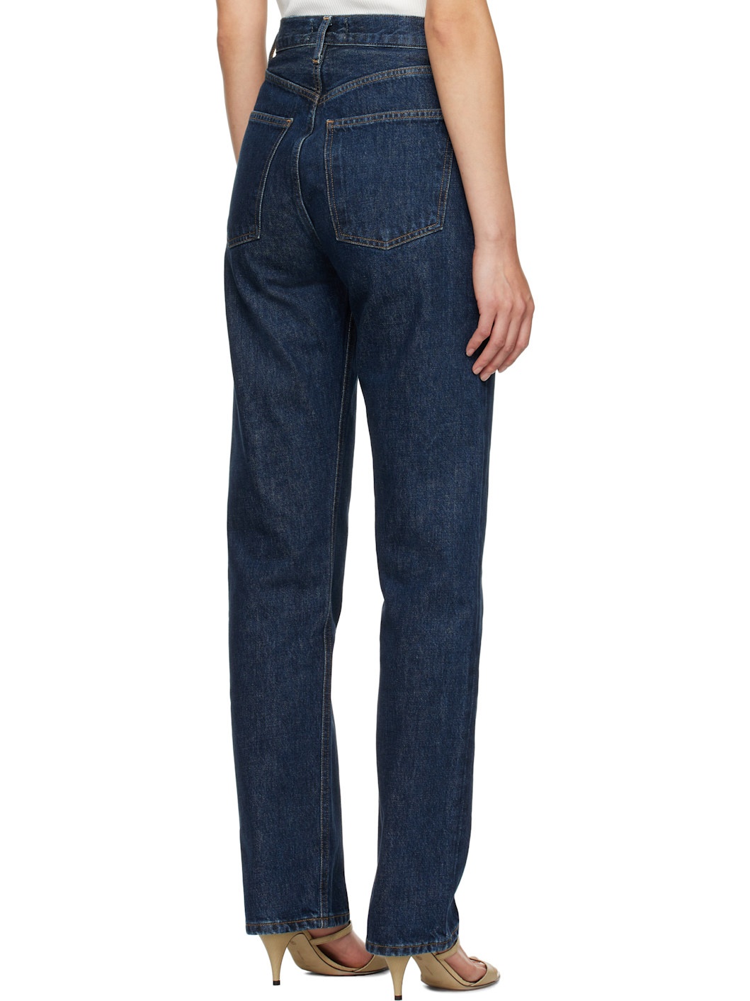 Blue 90's Pinch Waist High Rise Straight Long Jeans - 3