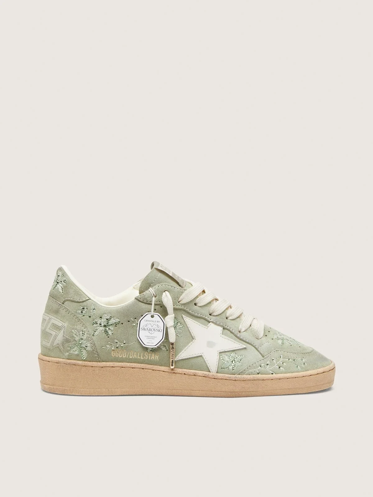 Women’s Ball Star in sage-green suede with white leather star and tone-on-tone Swarovski floral embr - 1
