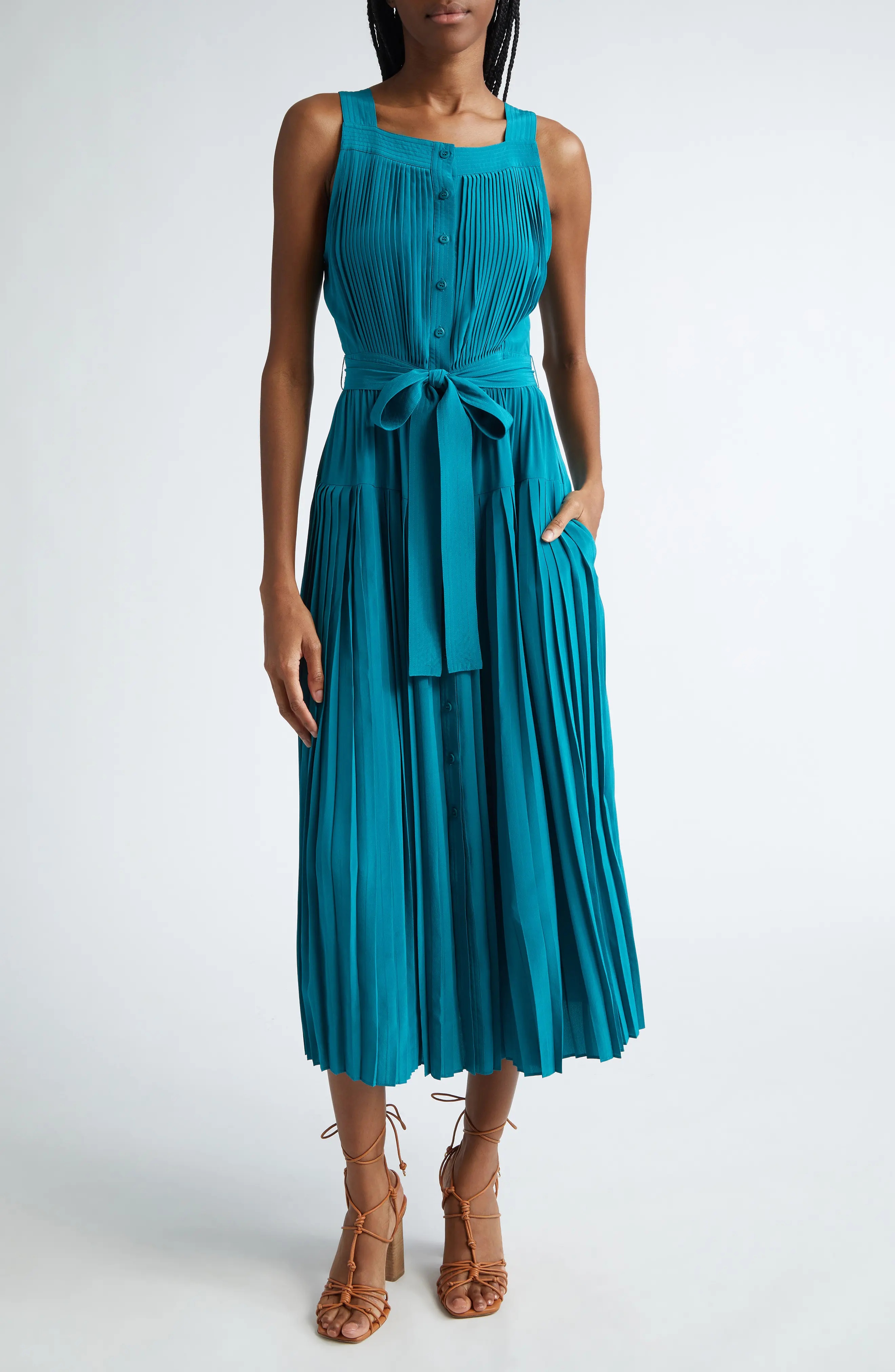 Annabeth Pleated Button Front Silk Maxi Dress - 1