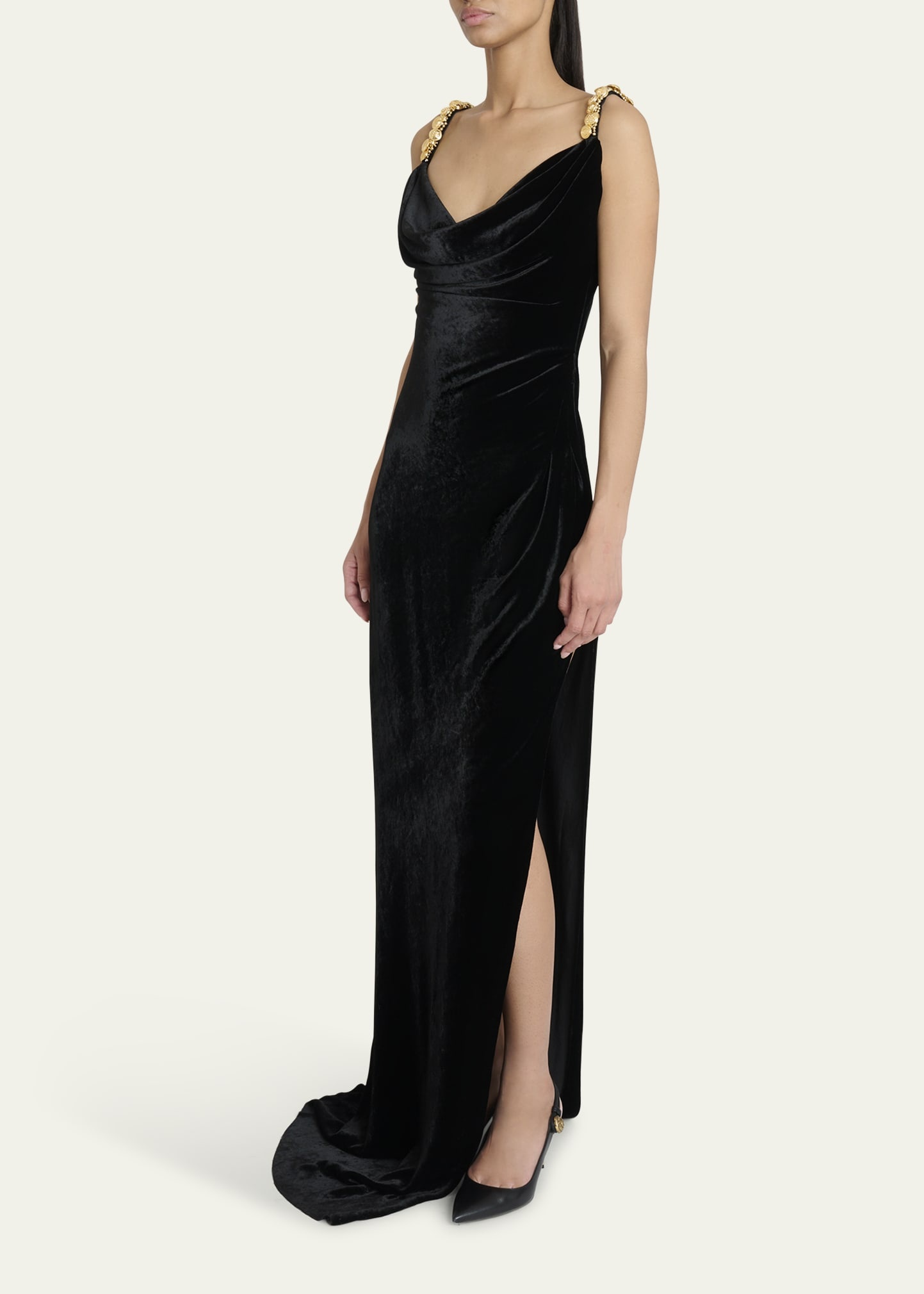 Button Cowl-Neck Velvet Slit Maxi Dress - 4