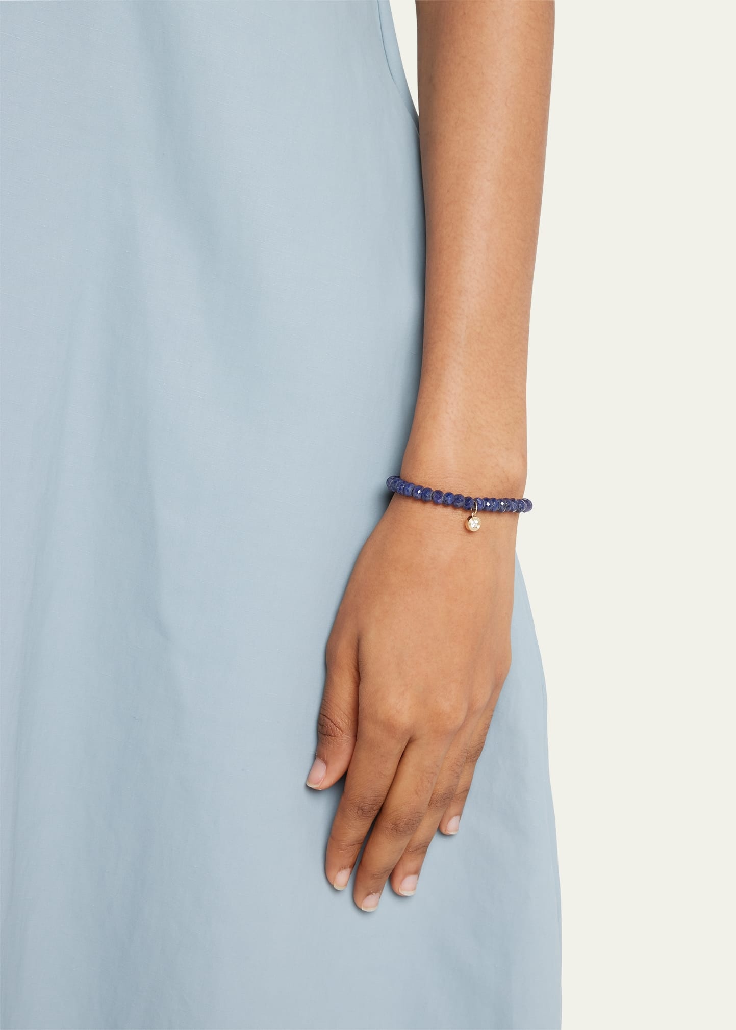 14K Gold Fluted Diamond Charm on Blue Sapphire Rondelle Bead Bracelet - 2