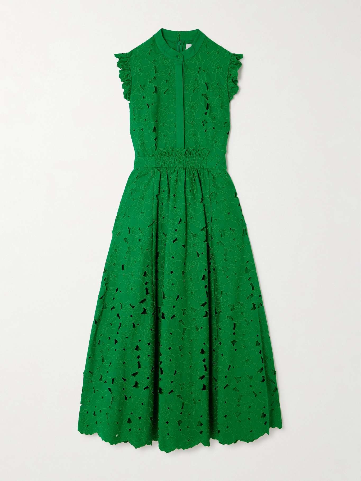 Scalloped gathered cotton-blend guipure lace midi dress - 1
