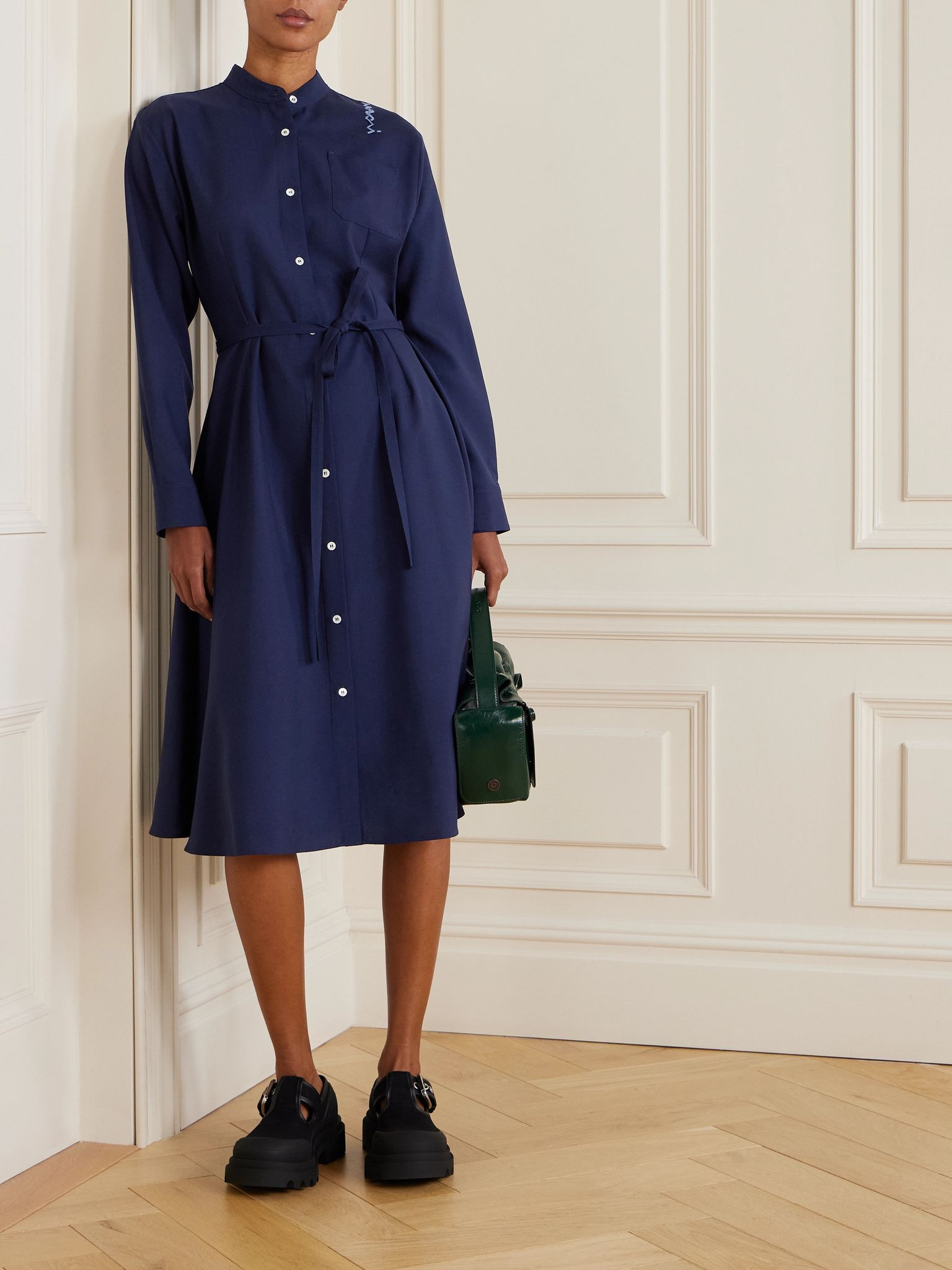 Embroidered wool-twill midi dress Blue - 2