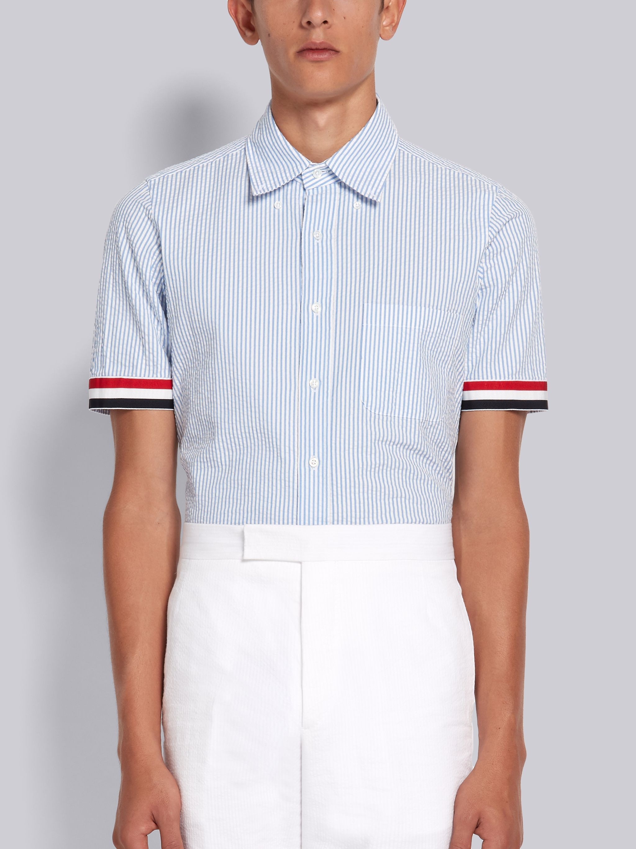 Light Blue Cotton Seersucker Grosgrain Cuff Straight Fit Short Sleeve Shirt - 1