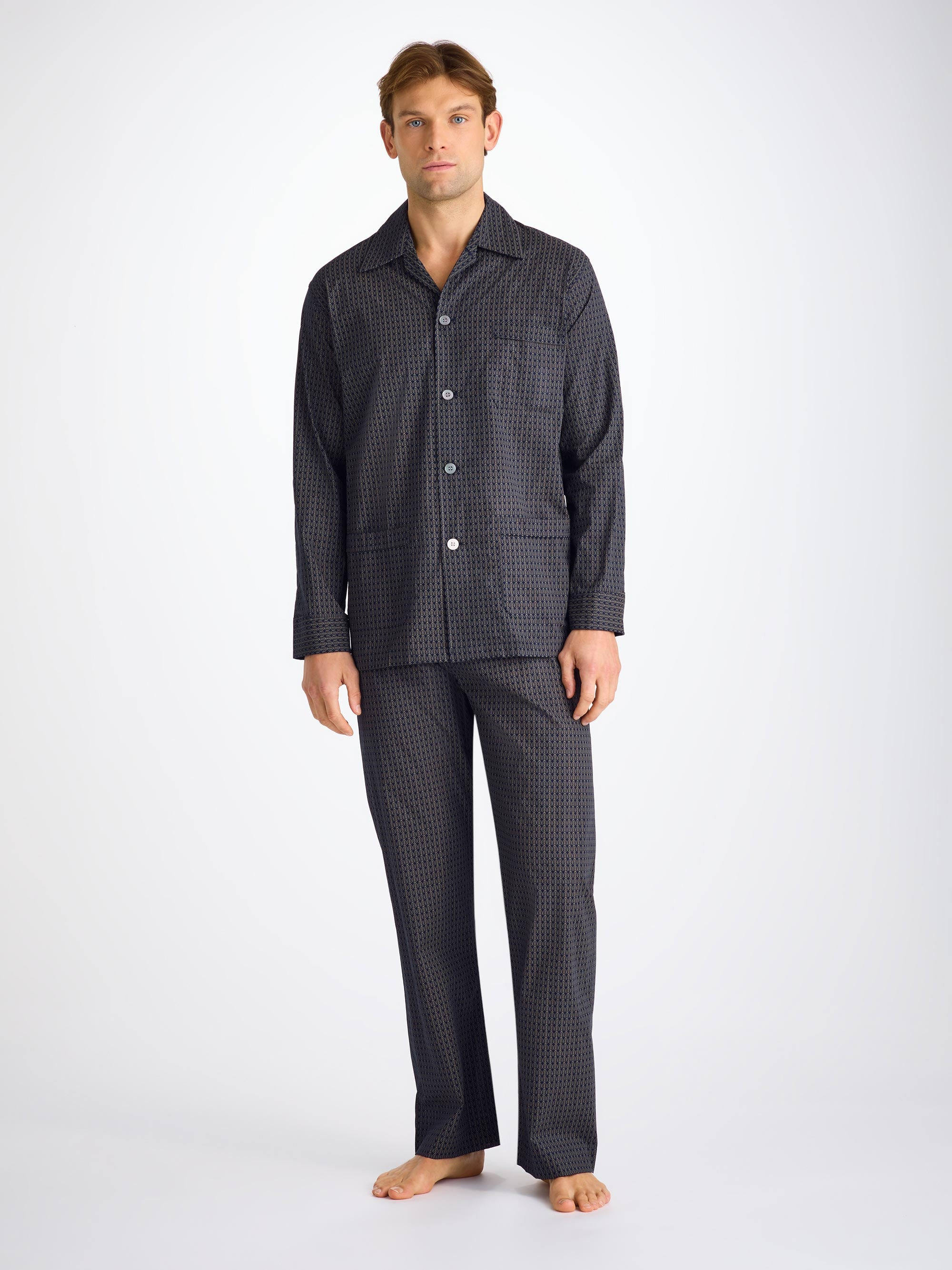Men's Classic Fit Pajamas Cotton Batiste Navy Jungle Leaf Print - 3