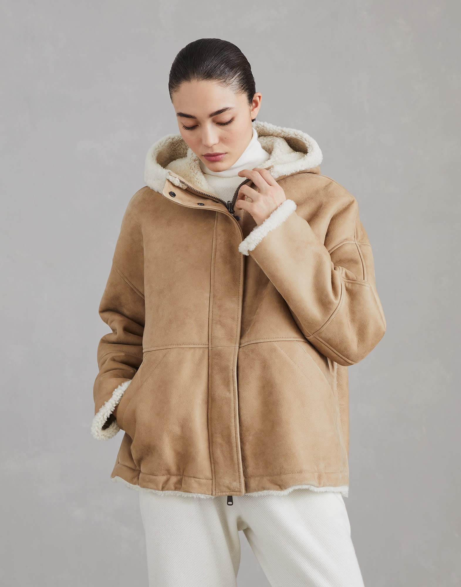 Curly shearling reversible hooded outerwear jacket with monili - 1