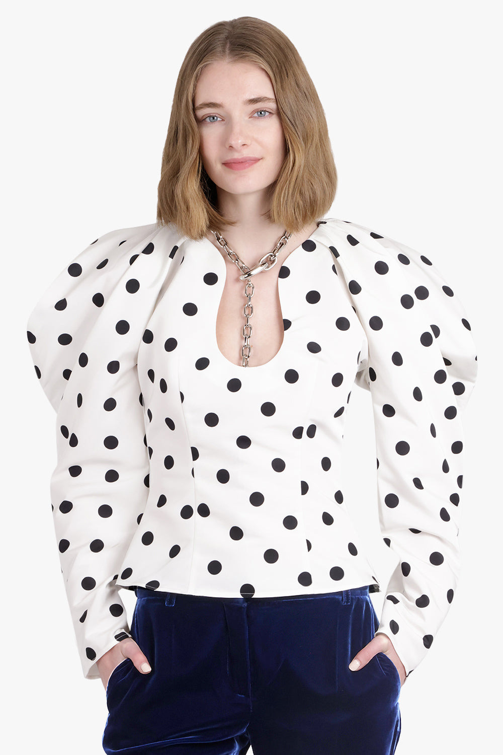 POLKA DOT PRINT L/S SWEETHEART NECKLINE TOP | WHITE/BLACK - 2