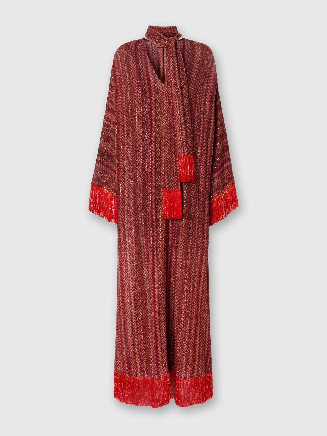 Zigzag kaftan with sequins and V-neck and removable scarf with fringes - 1