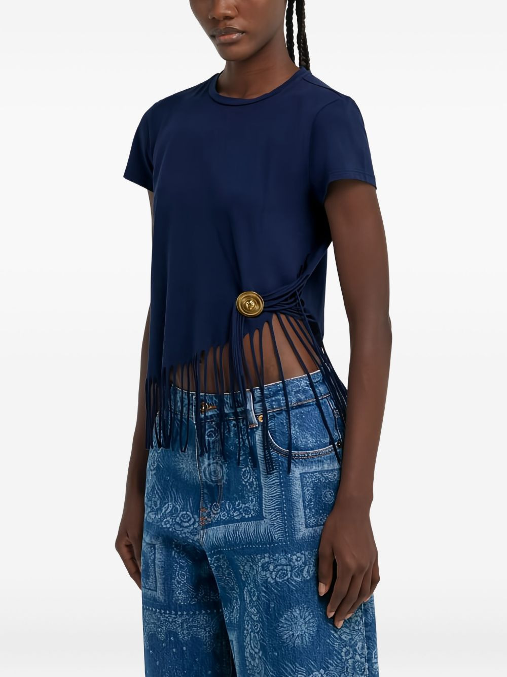 fringe-detail button T-shirt - 4