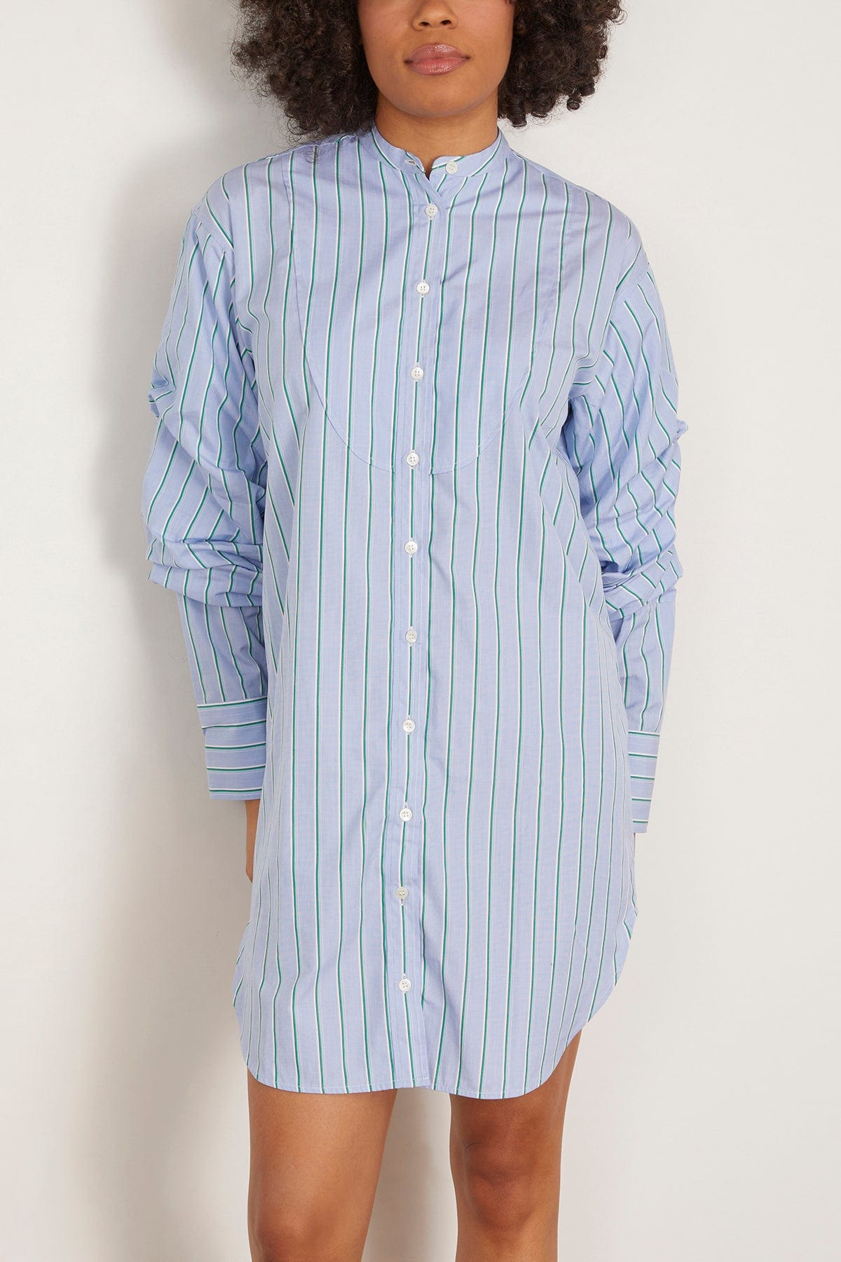 Pleated Sleeve Tuxedo Shirt Dress in Arctic Blue Stripe - 3