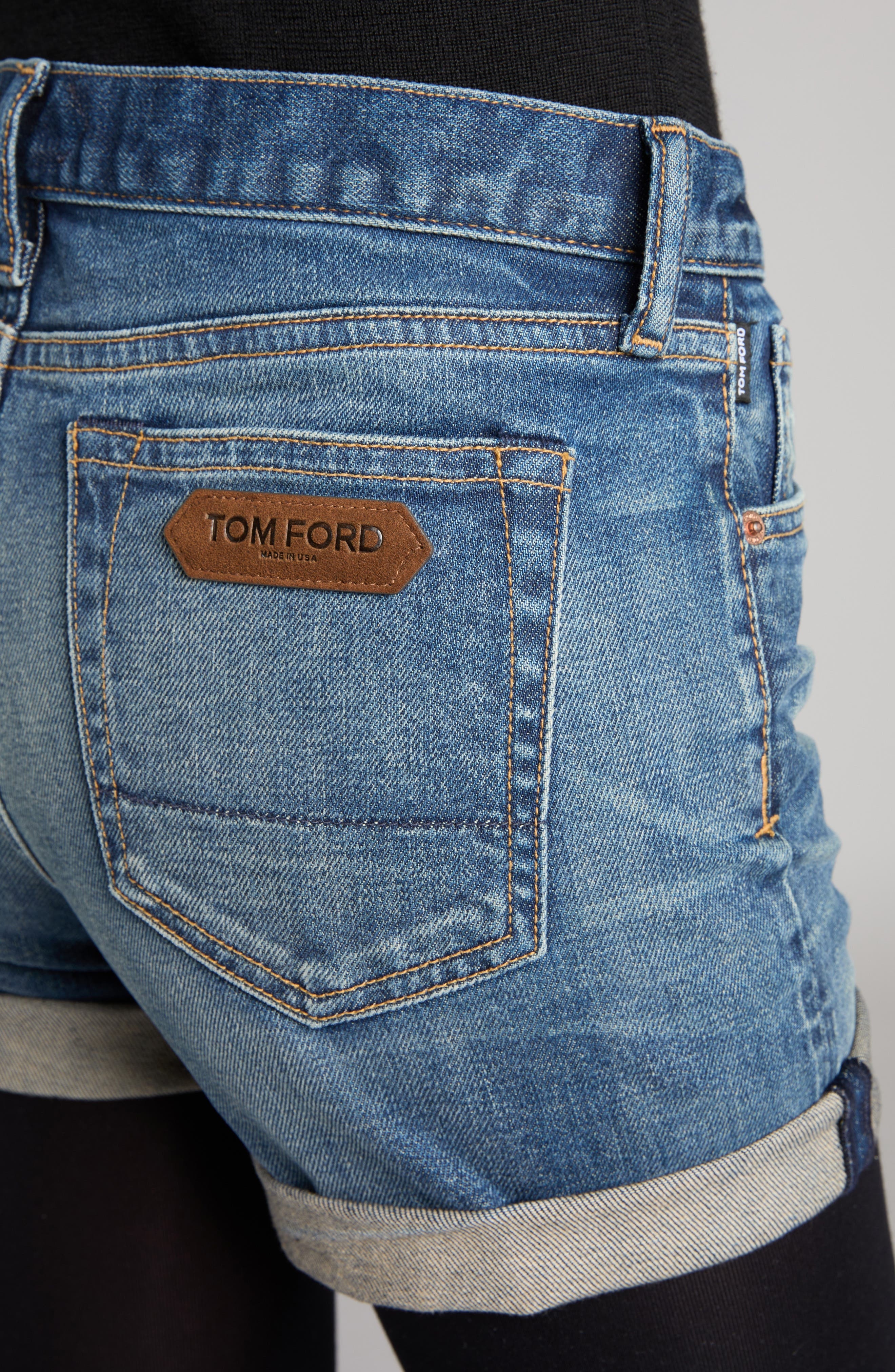 TOM FORD High Waist Rolled Hem Comfort Stone Washed Denim Shorts in Hb772 Mid Blue at Nordstrom - 5