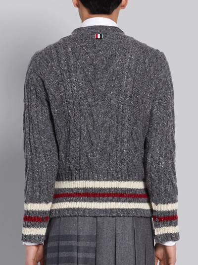 Thom Browne Medium Grey Mohair Tweed Aran Cable Tricolor Cricket Stripe V-neck Cardigan outlook