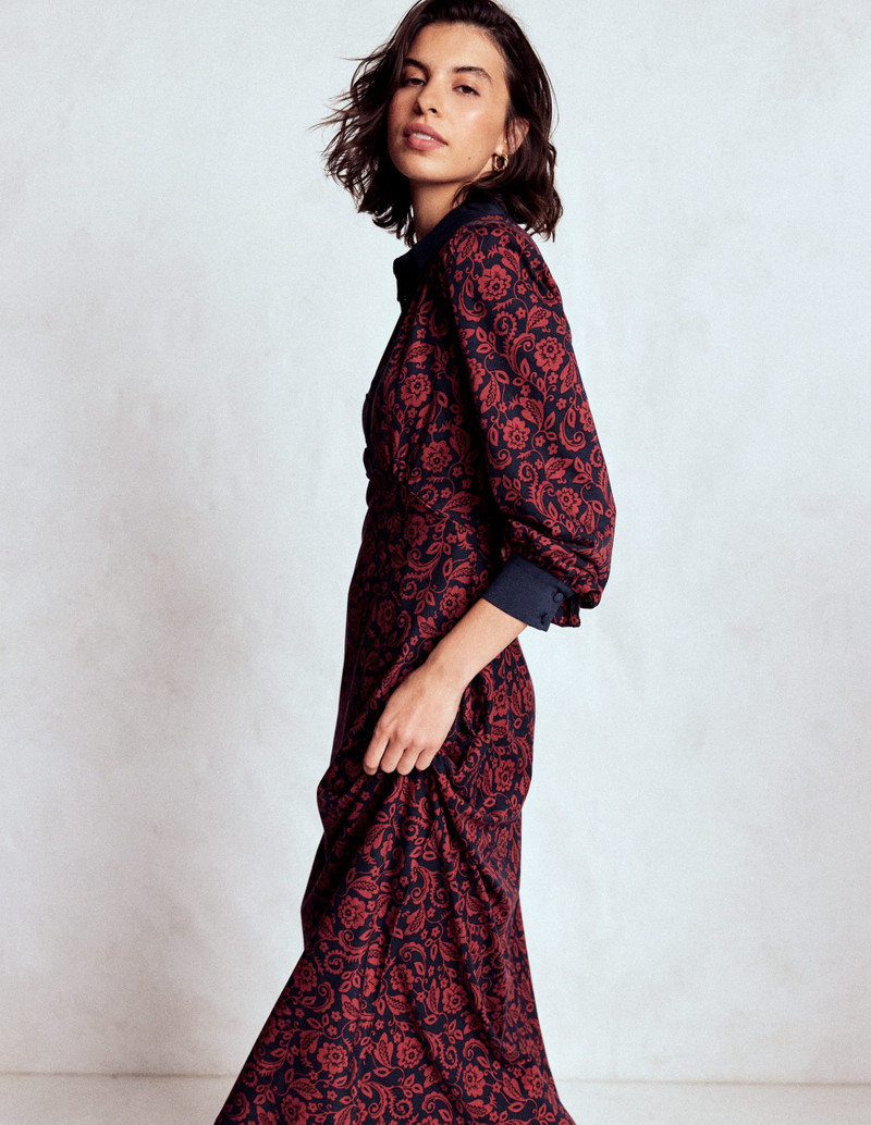 Empire Waistline Shirt Dress-Red, Ornate Flora 6