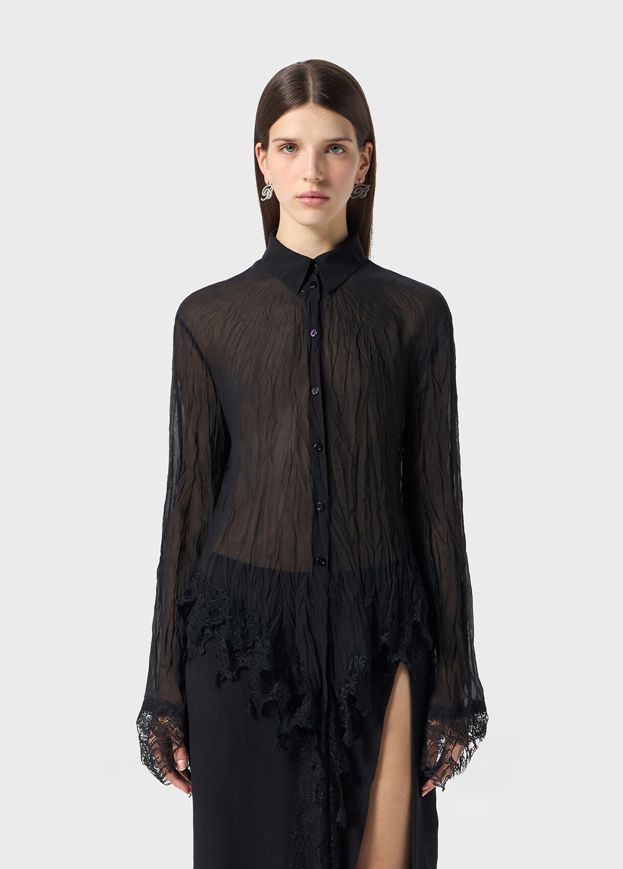 CHIFFON SHIRT WITH LACE FLOUNCE - 2