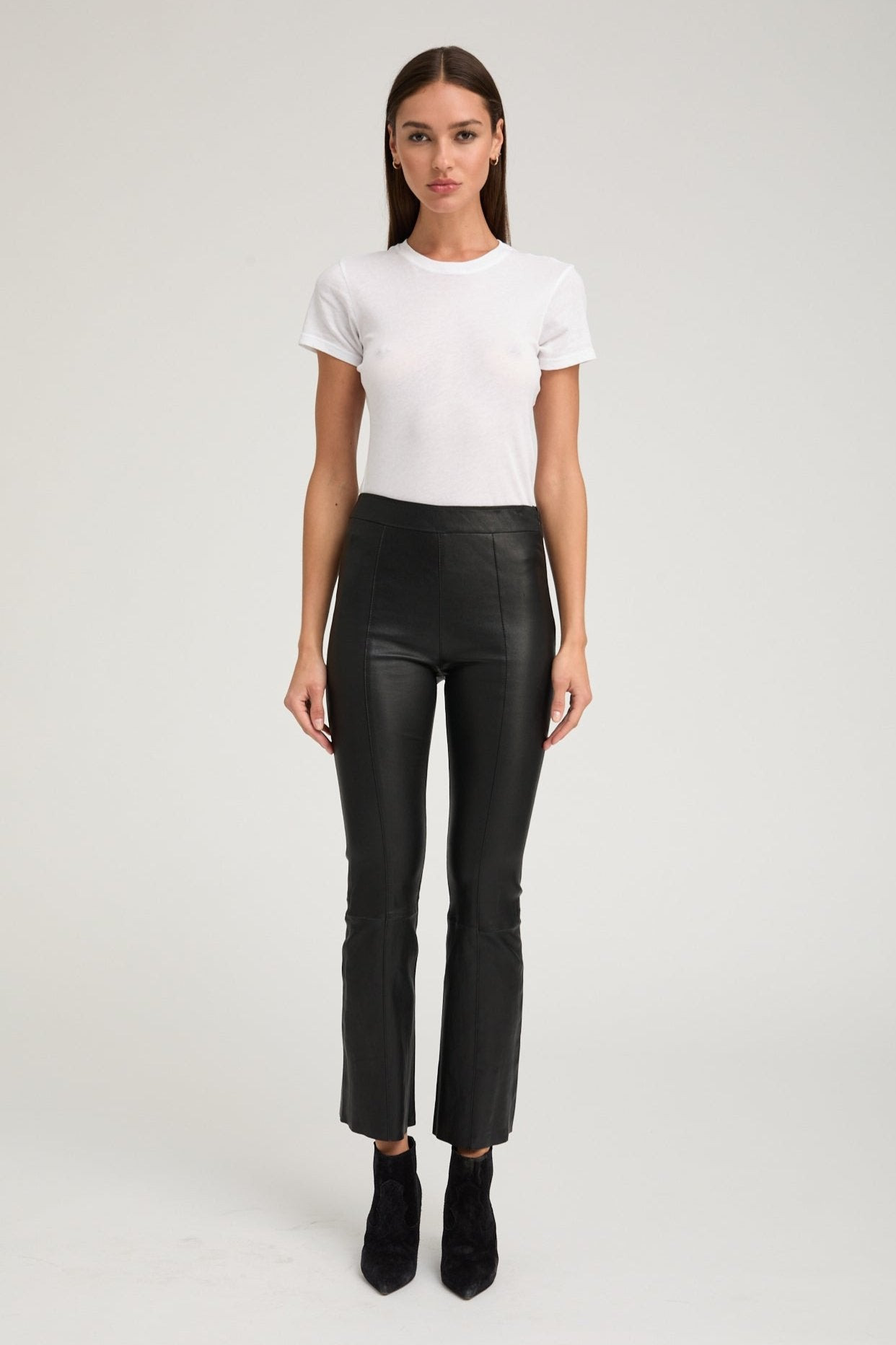 BLACK LEATHER ANKLE FLARE PANTS WITH PRINCESS SEAMS - 2