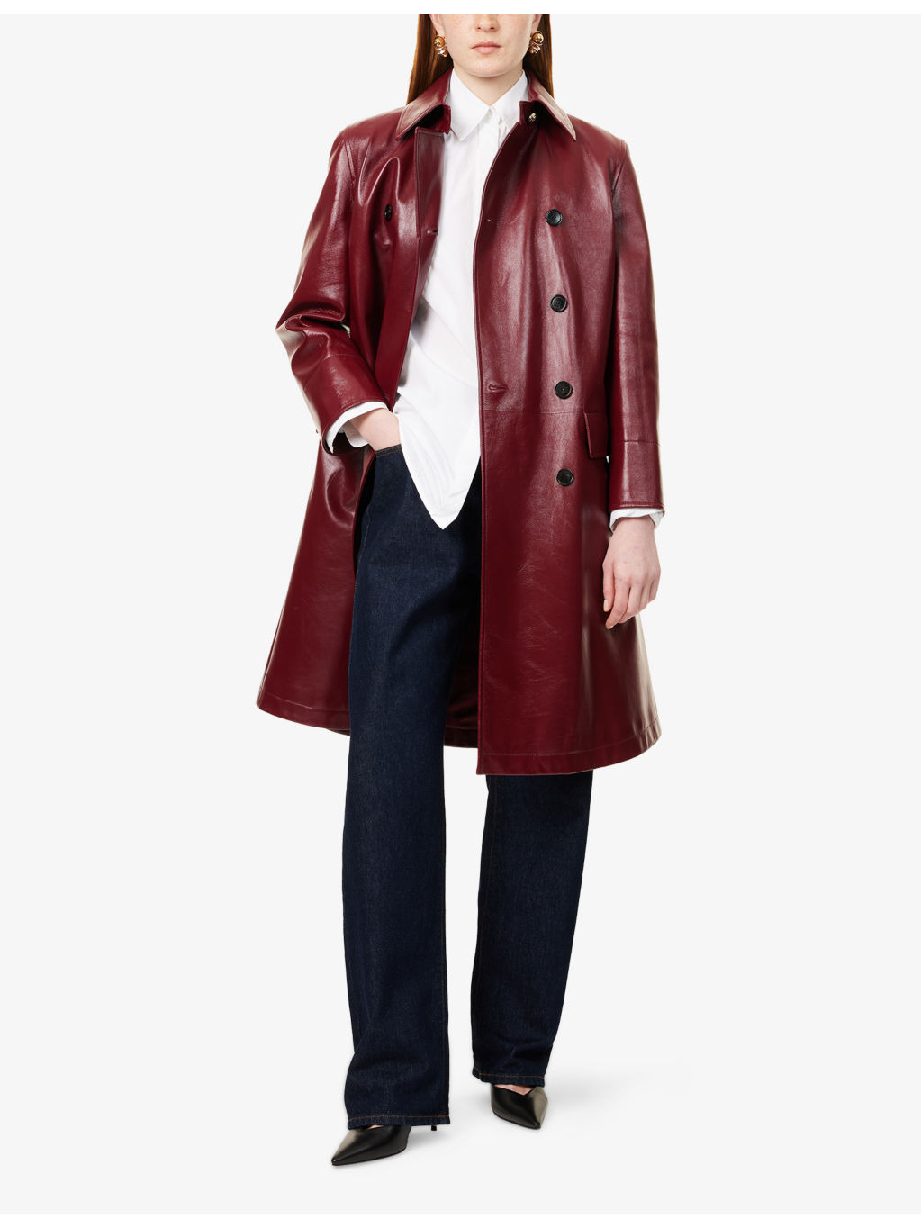 Double-Breasted Two-Flap-Pockets Leather Coat - 2