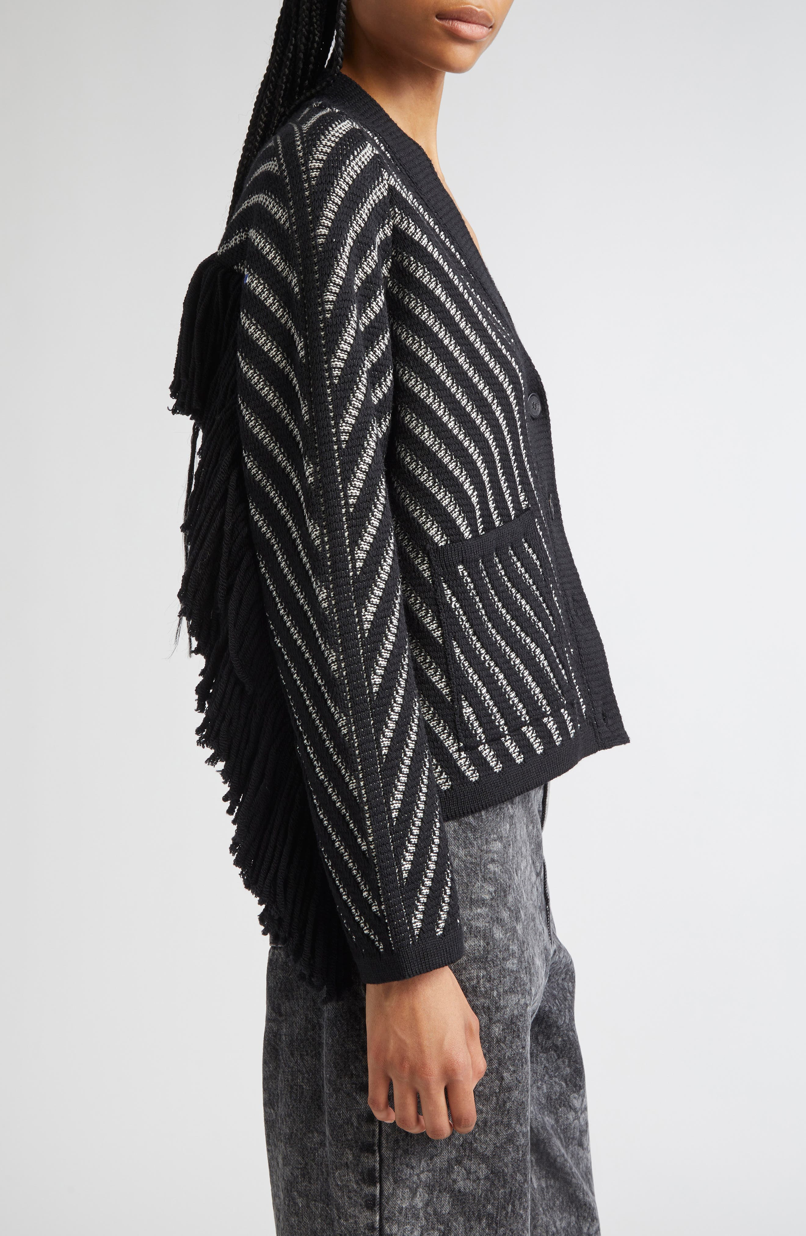 Golden Goose Journey Olivia Fringe Trim Virgin Wool Cardigan in Black/White at Nordstrom - 4