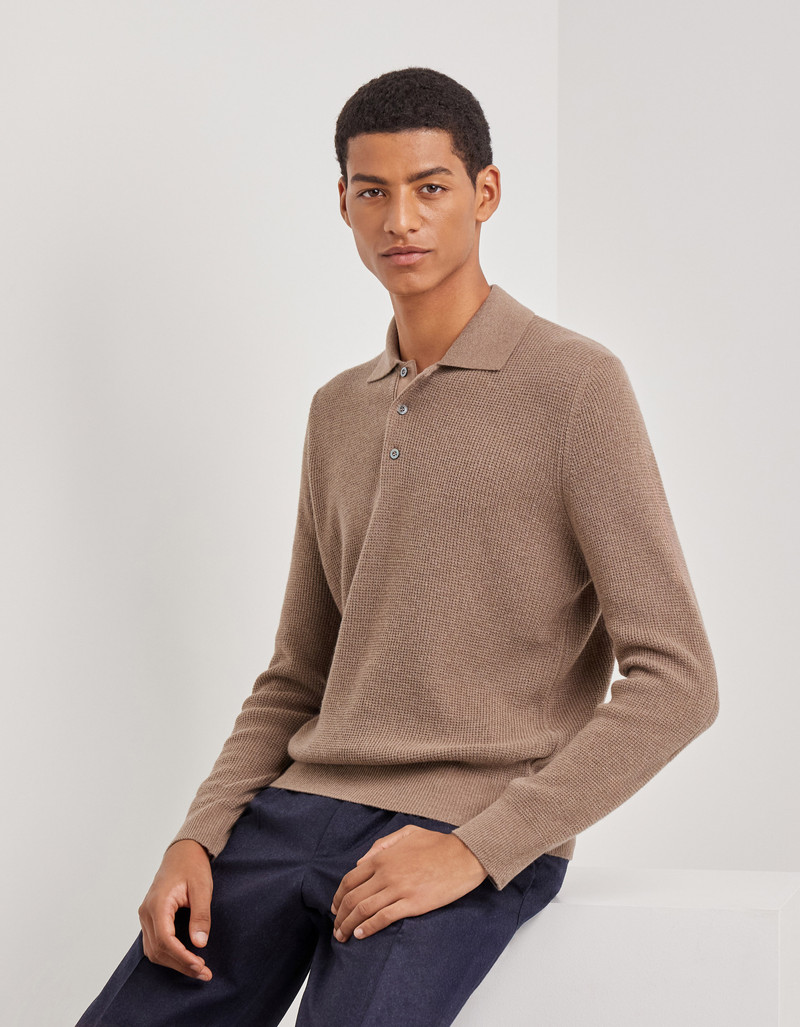 TAUPE WOOL AND CASHMERE POLO SHIRT WITH LAMBSKIN DETAILS 3