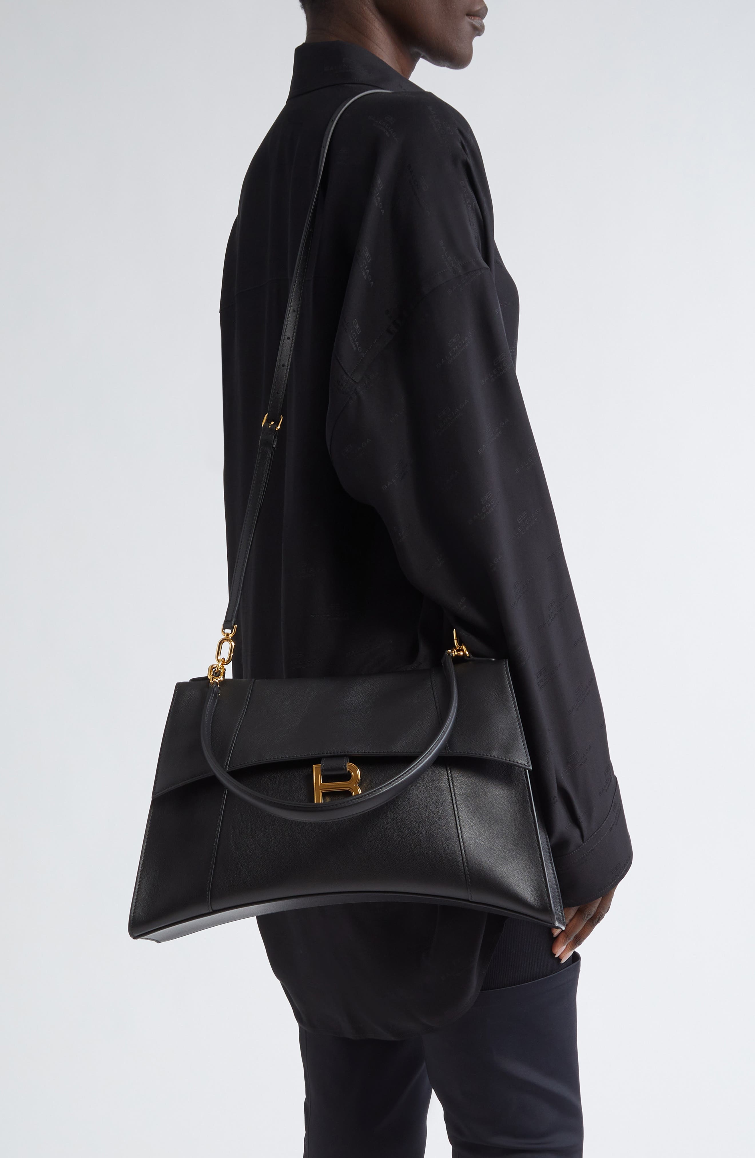 Balenciaga Medium Hourglass Soft Leather Shoulder Bag in 1000 Black at Nordstrom - 2