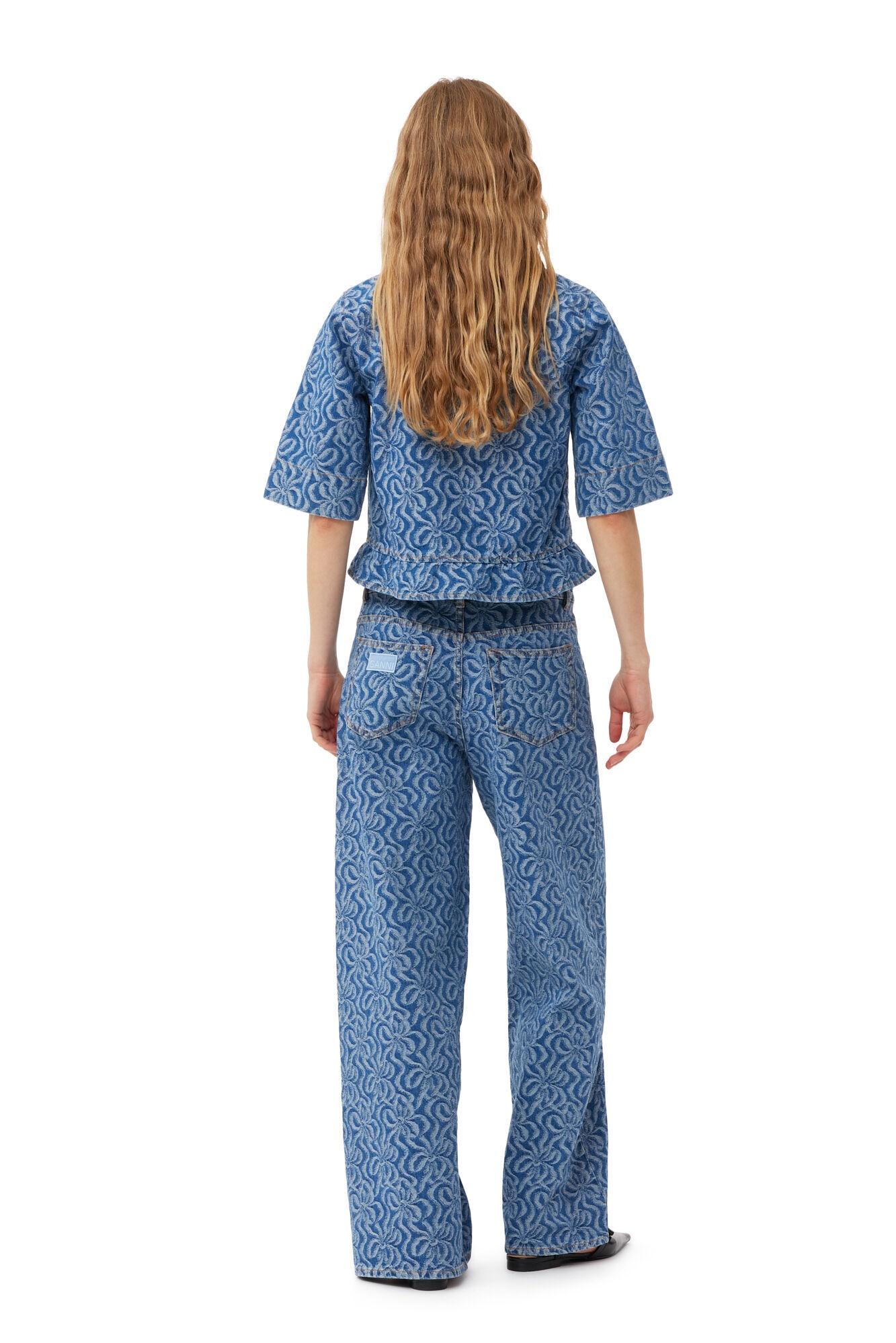 BLUE JACQUARD DENIM FLOUNCE TIE BLOUSE - 5