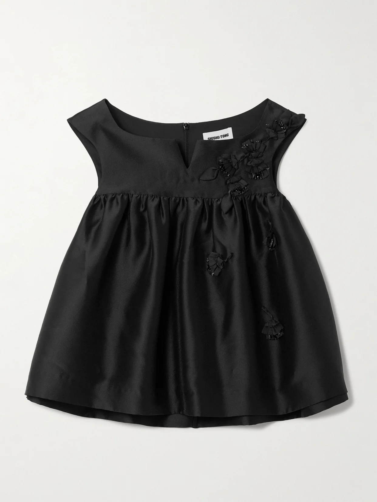 Gathered Appliquéd Bead-embellished Crepe Top - 1