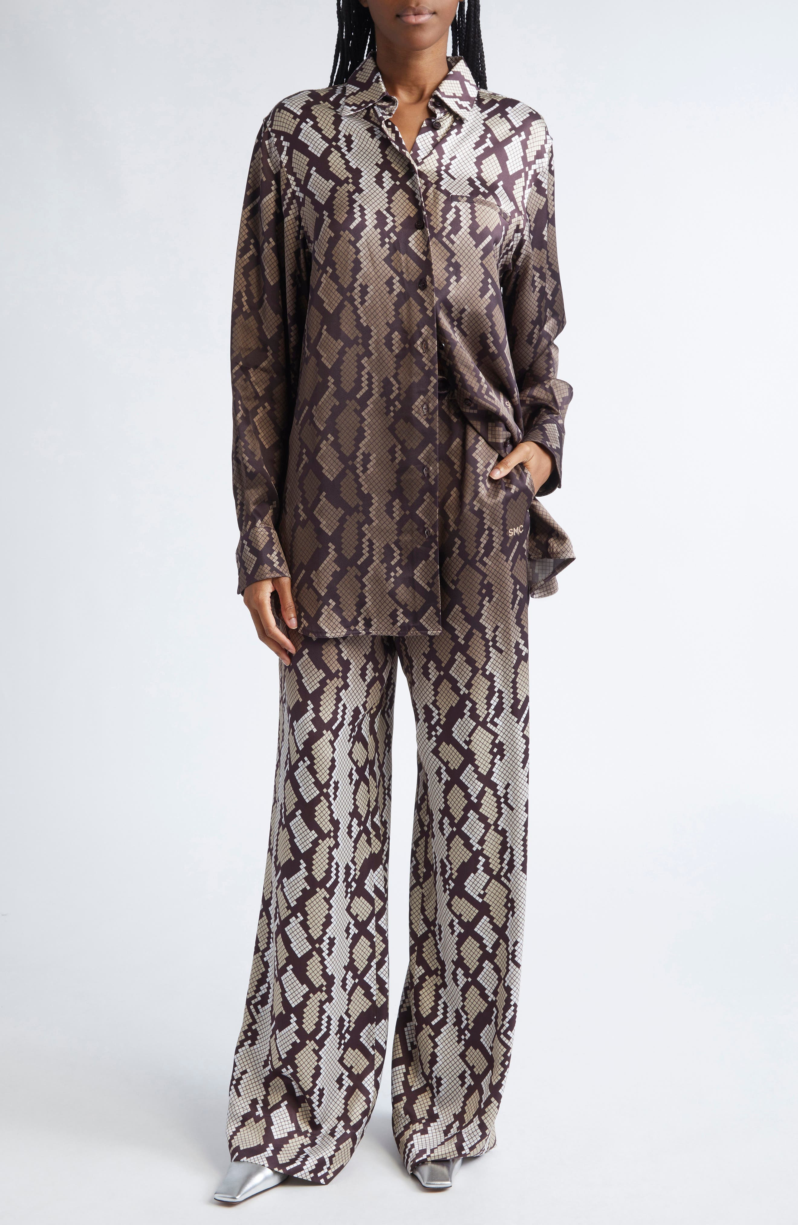 Stella McCartney Snakeskin Print Satin Button-Up Shirt in Natural at Nordstrom - 2