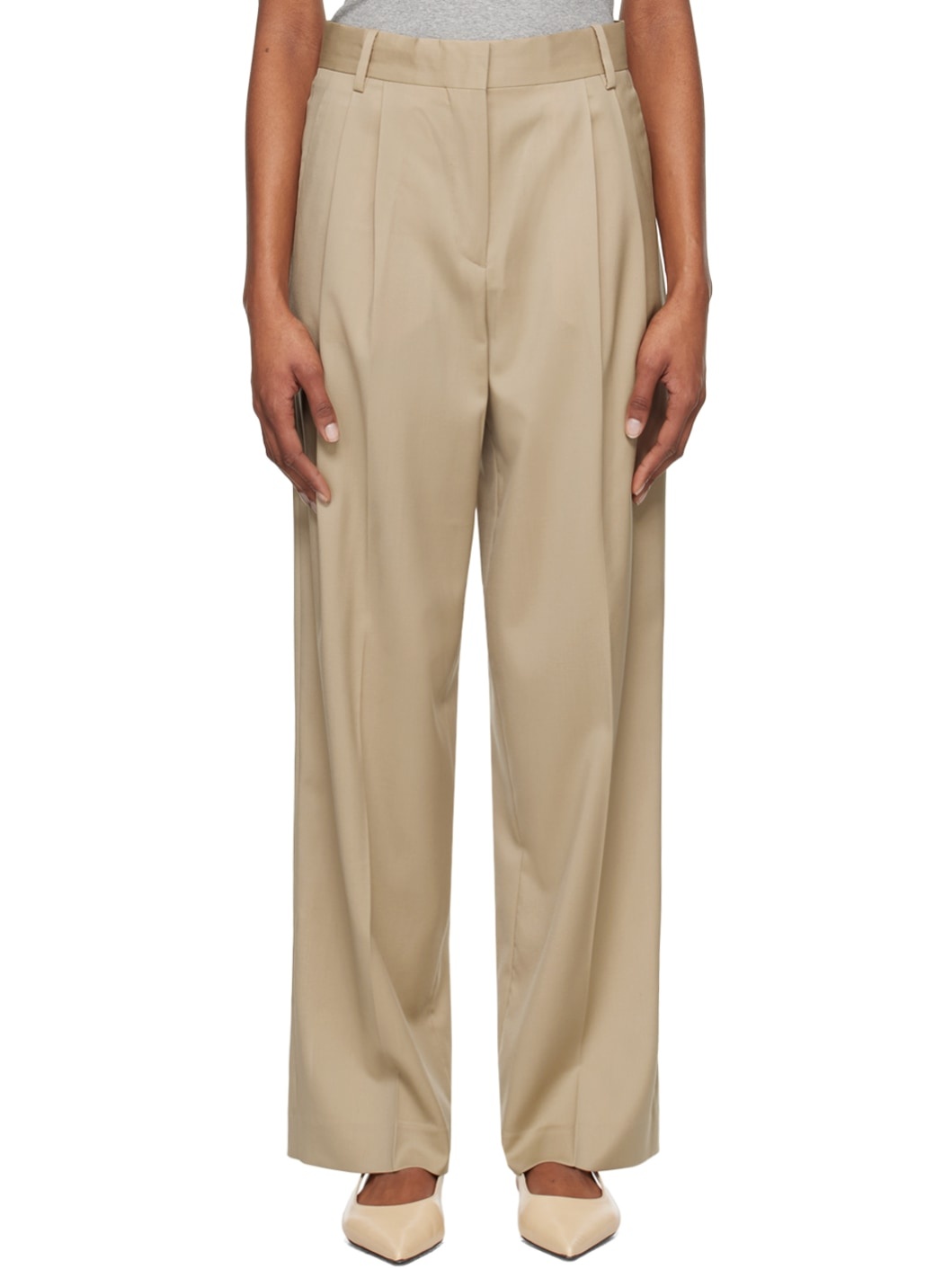 Beige Pleated Trousers - 1