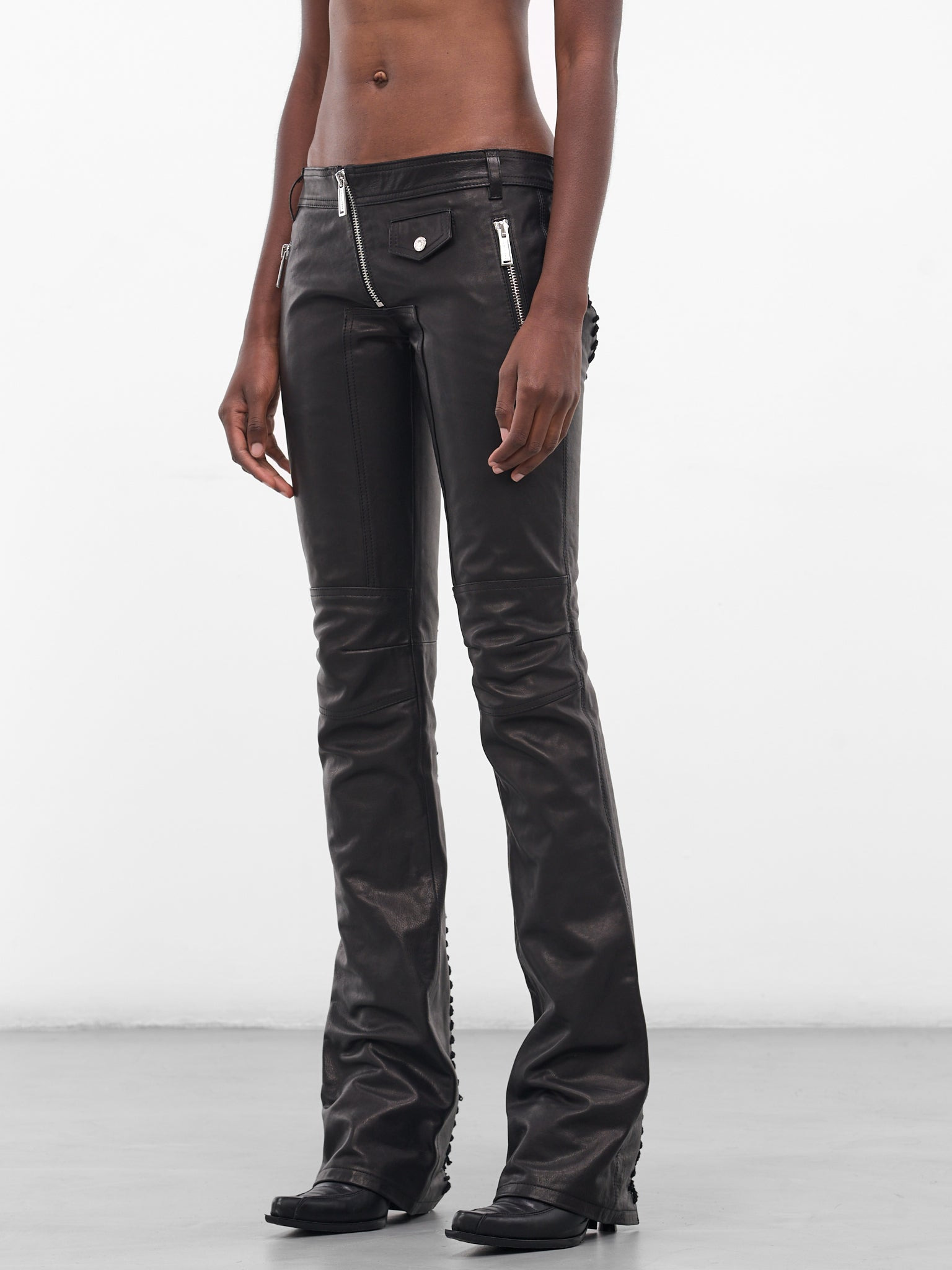 Black Leather Tong Biker Pants - 2
