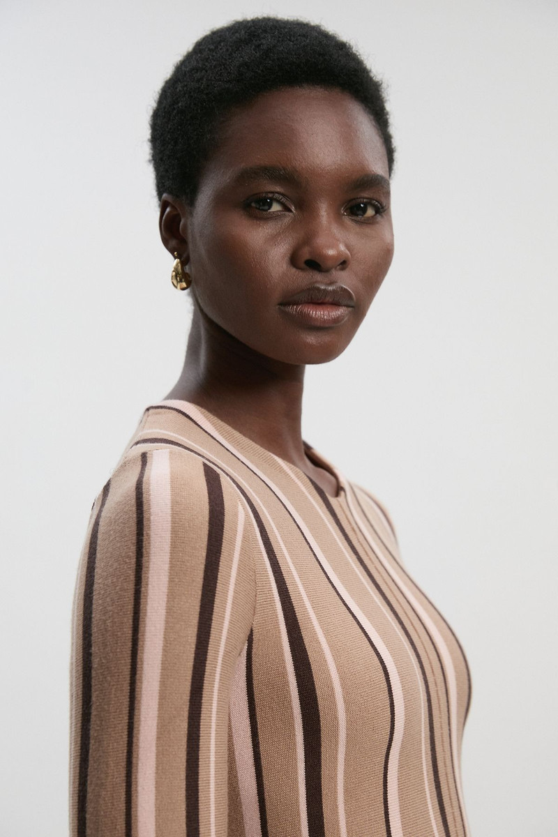 KAREN MILLEN Stripe Viscose Blend Asymmetric Hem Knit Midi Dress outlook