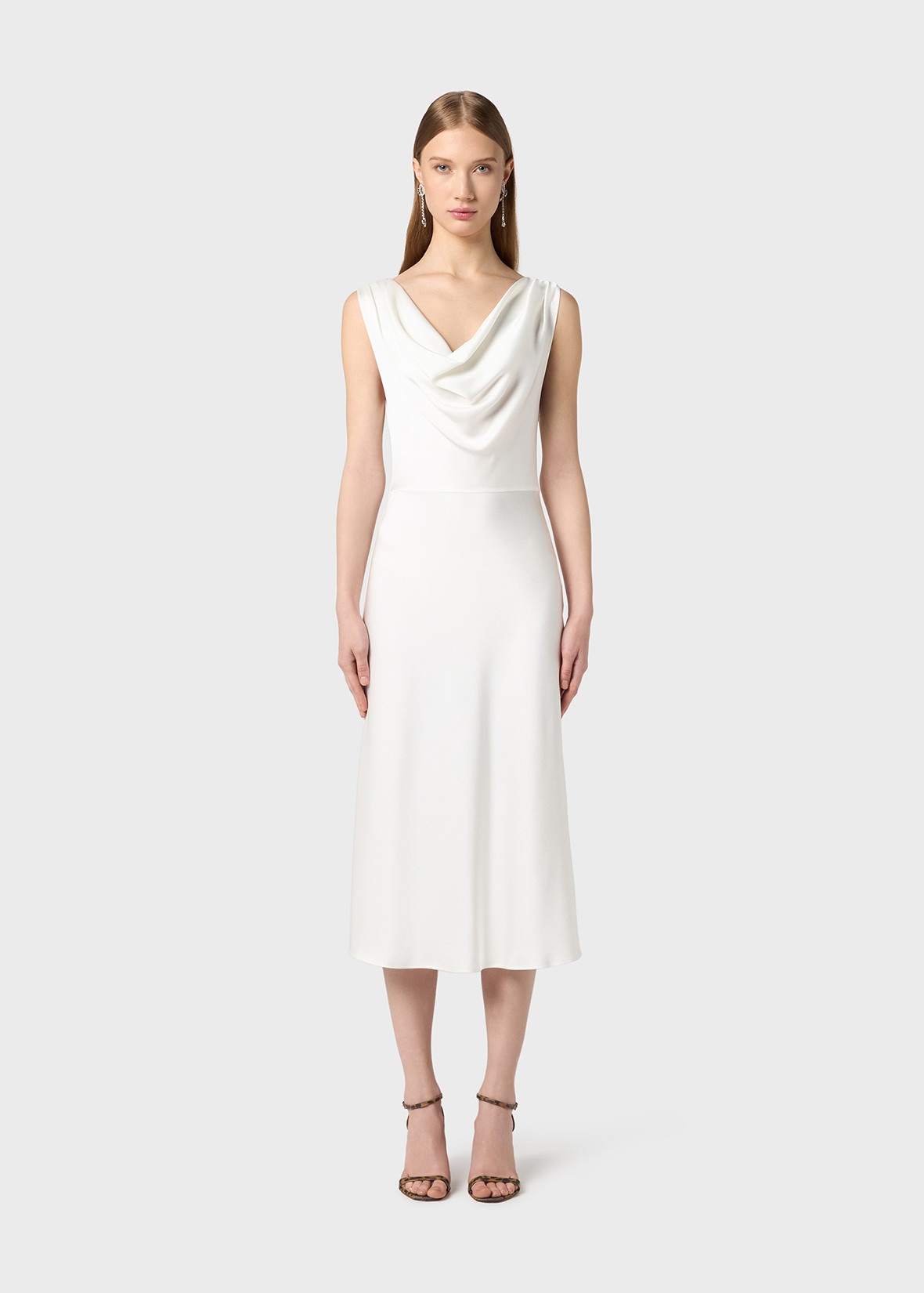 MIDI DRESS IN SHINY SATIN WITH DRAPED NECKLINE - 3