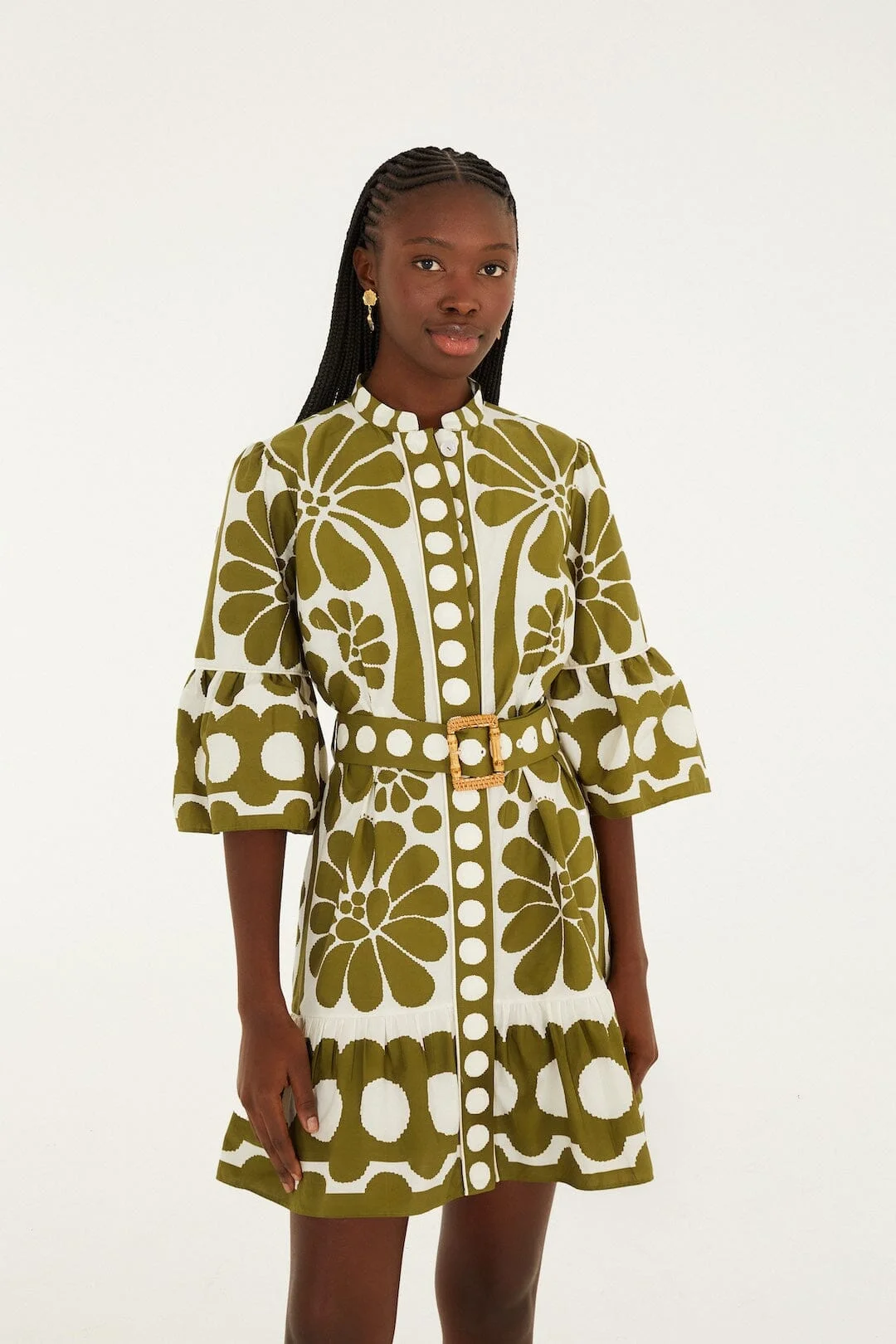 Green Palermo Belted Organic Cotton Mini Dress - 1