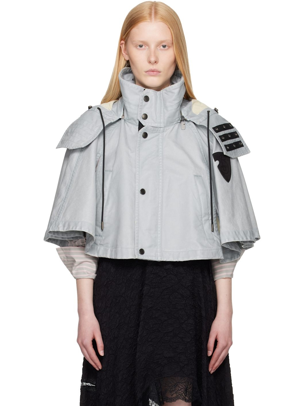 Blue Bleached Cotton Hooded Capelet Jacket - 1