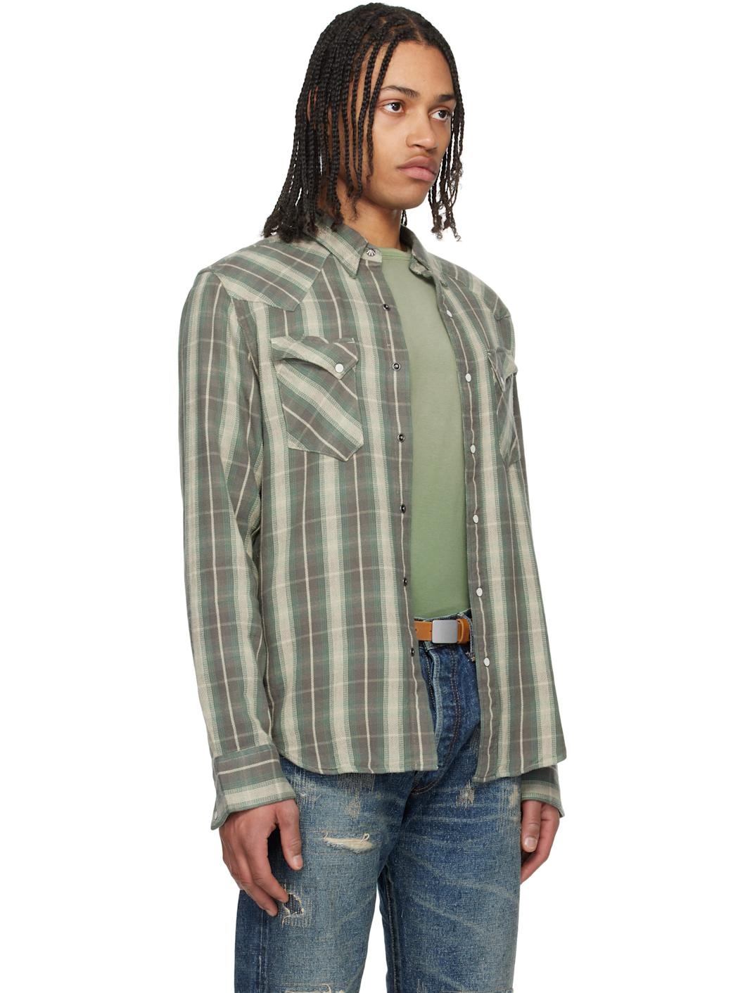 Green & Gray Slim Fit Plaid Twill Western Shirt - 2