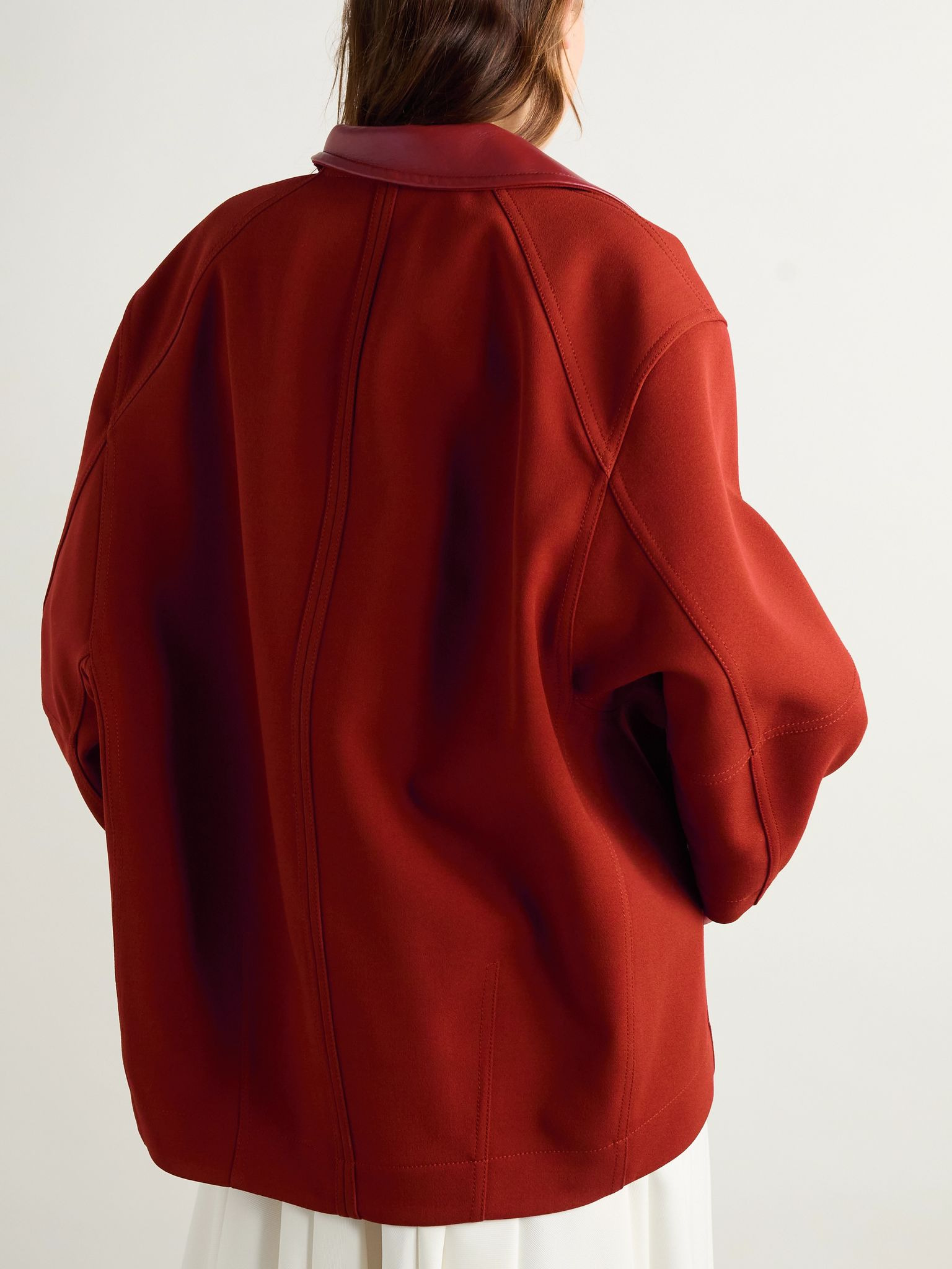 Oversized leather-trimmed cotton-blend crepe blouse Tomato red - 4