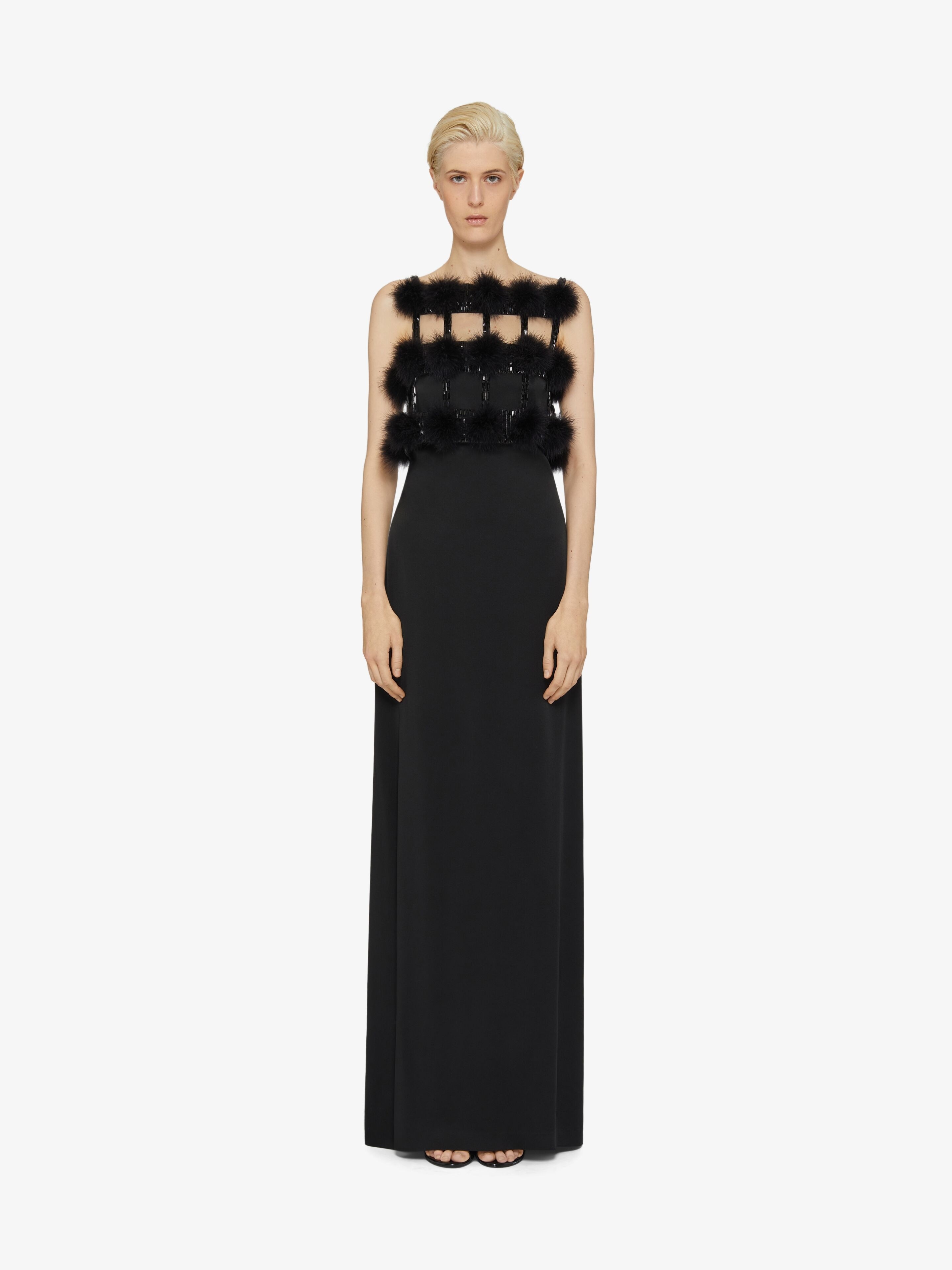 EVENING DRESS IN SATIN WITH POMPOMS AND CRYSTALS - 2
