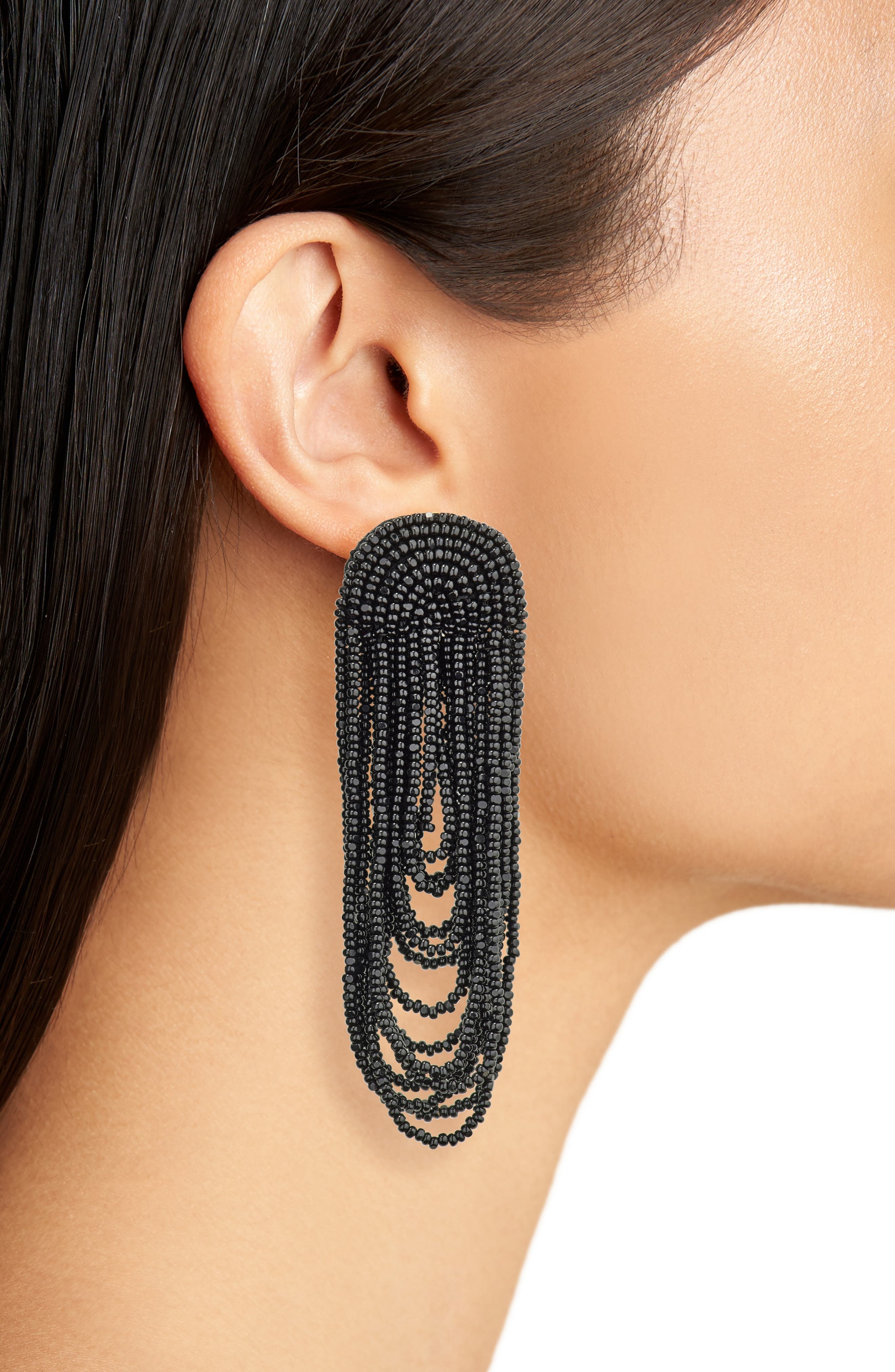 Oscar de la Renta Beaded Double Curtain Clip-On Drop Earrings in Black at Nordstrom - 3