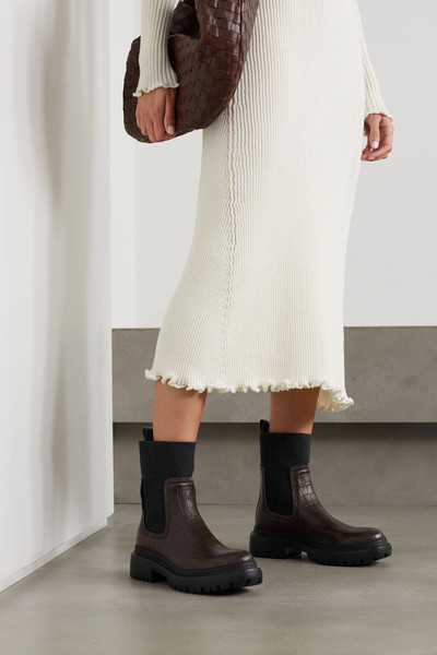 Brunello Cucinelli Bead-embellished cashmere-trimmed croc-effect leather Chelsea boots outlook