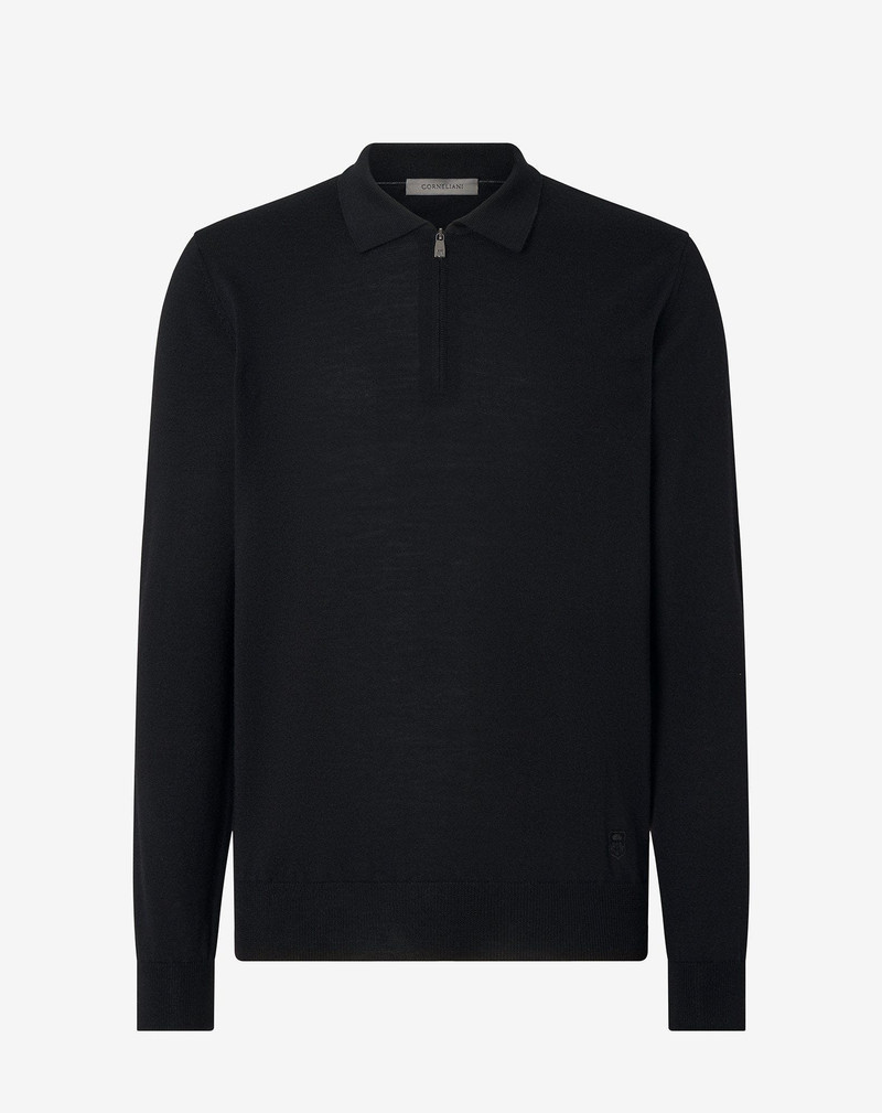 Black zip-up extra fine wool polo shirt 1